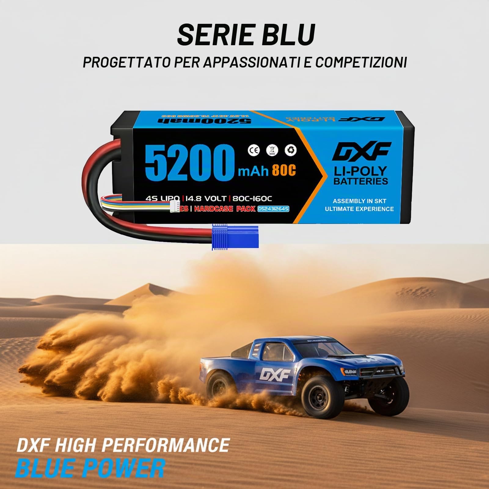 DXF Batteria LiPo 4S 14.8V 5200mAh 80C Spina EC5 Auto RC 1/8 1/10 Truck Buggy Touring Car Alte Prestazioni Compatta Leggera Potente Gare Racing Corse Modellismo 1 Pezzo