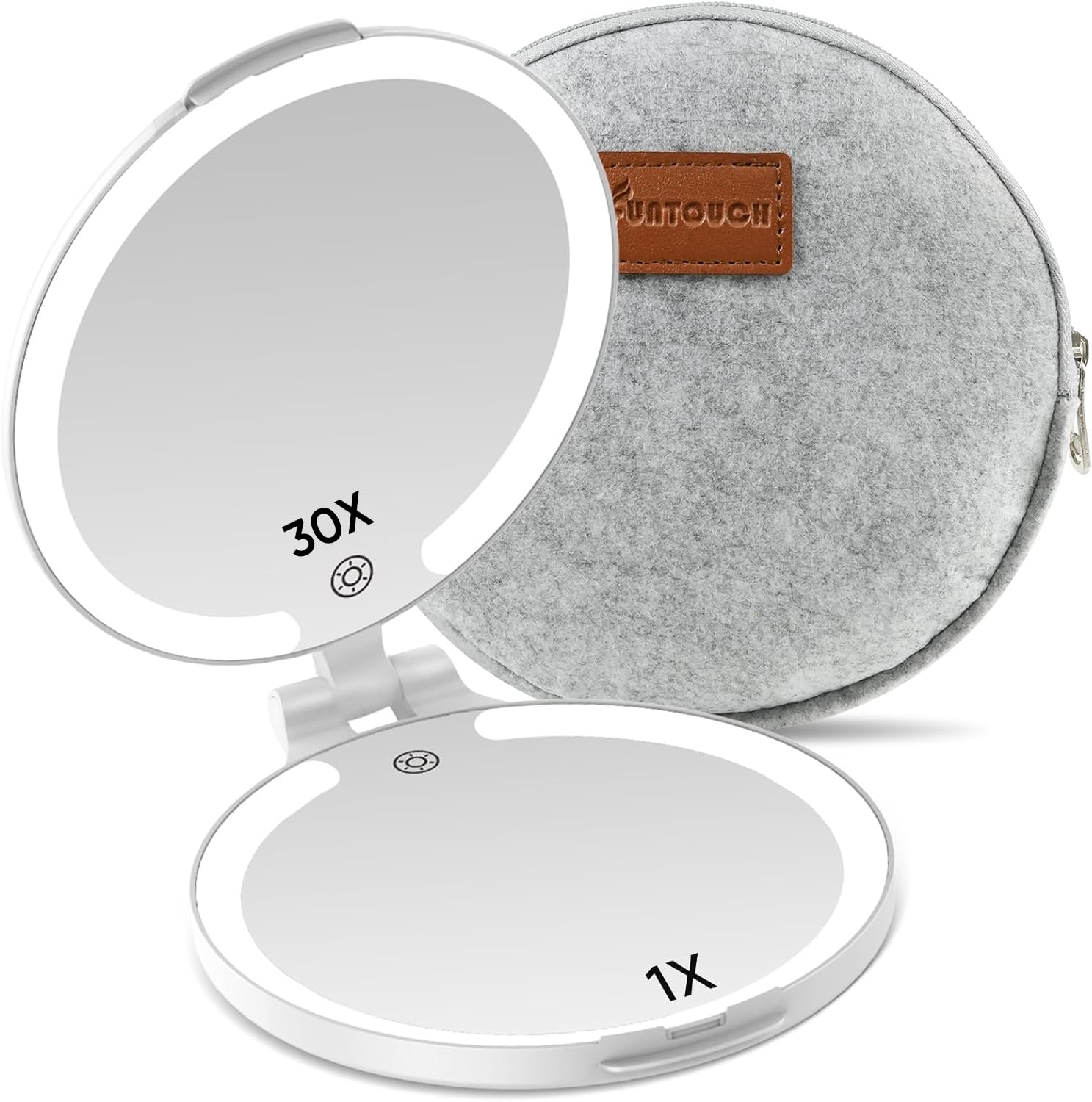 FUNTOUCH Espejo de aumento de viaje con luz, recargable 1X/10X, espejo de maquillaje de doble cara con luces, 3 modos de iluminación, plegable portátil esencial de viaje con bolsa
