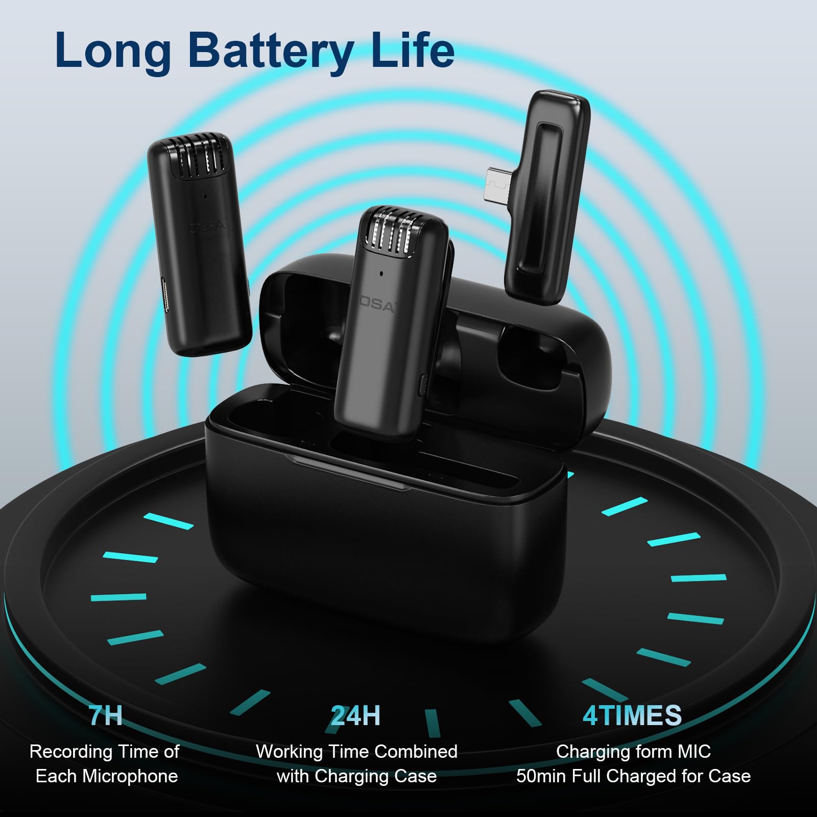OSA Microfono wireless per telefoni Android con custodia di ricarica di 15 ore, microfono per registrazione video con livello di cancellazione del rumore regolabile, microfono lavalier wireless con