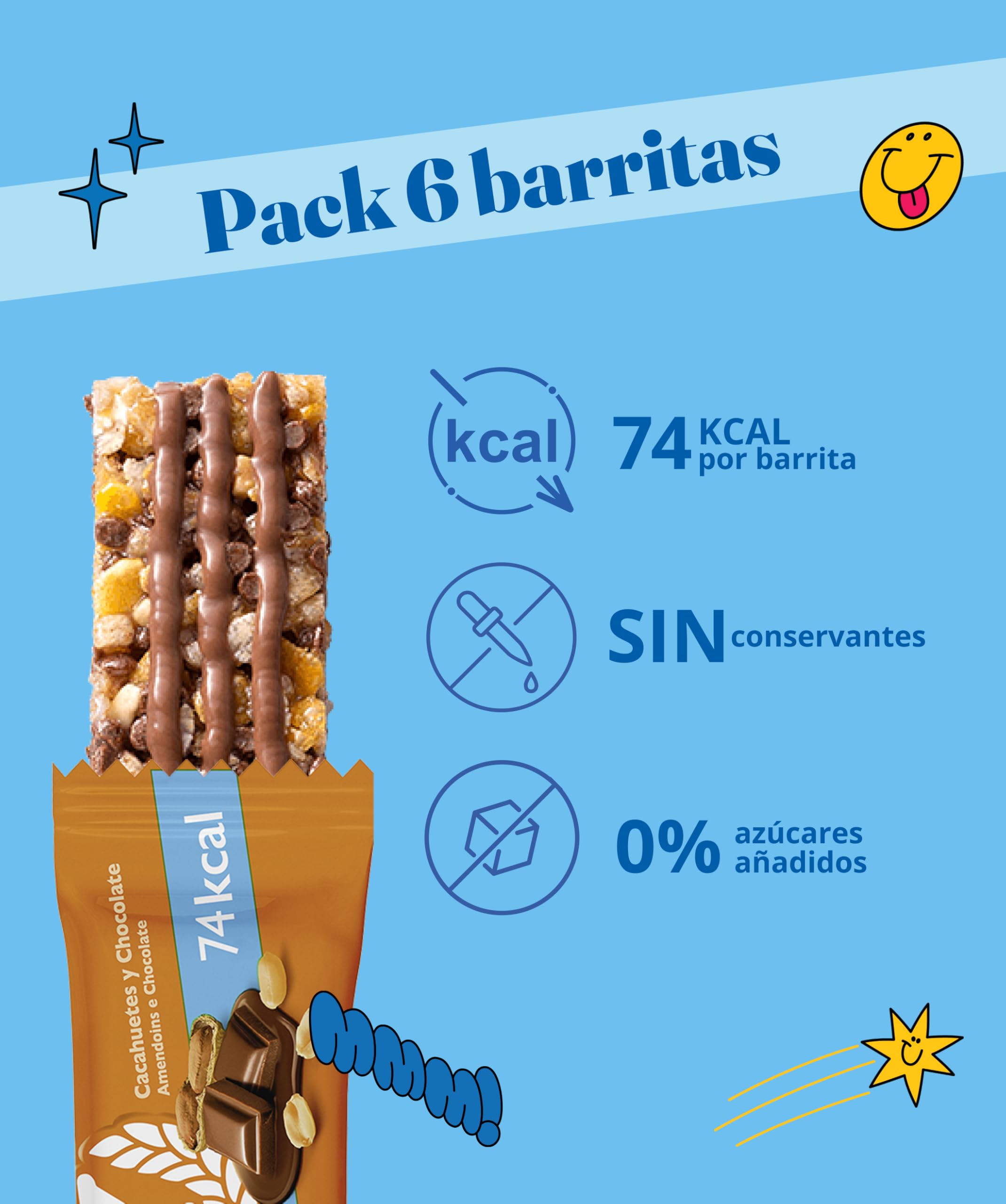 Corny 0%, Barrita de Cacahuetes y Chocolate con Leche, Sin Azúcares Añadidos, Con Cereales Integrales, Sabor Crujiente y Delicioso, 6uds x 20g