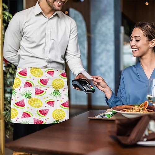 Miniatura 6 de Pineapple Watermelon Print 3 Pack Server Aprons with 3 Pocket Waterproof Womens Half Waist Aprons for Cooking Dishwashing Kitchen Gardening Salon