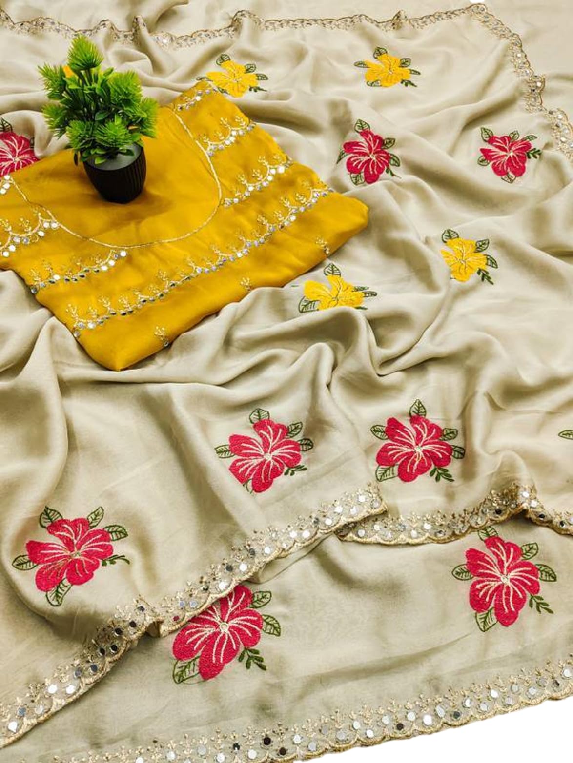 queddy's Silk Saree with Floral Embroidery, Mirror Work Border, Contrast Yellow Blouse, Traditional Indian Style, 5.50 Meters-picture-52