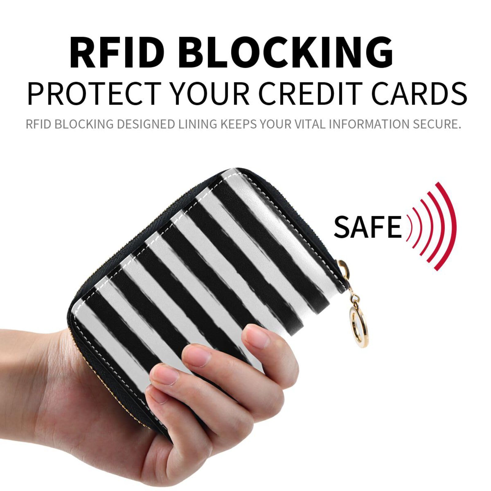 Sletend Black White Stripes RFID Credit Card Holder Leather With Zipper Card Case Wallet for Women Girls