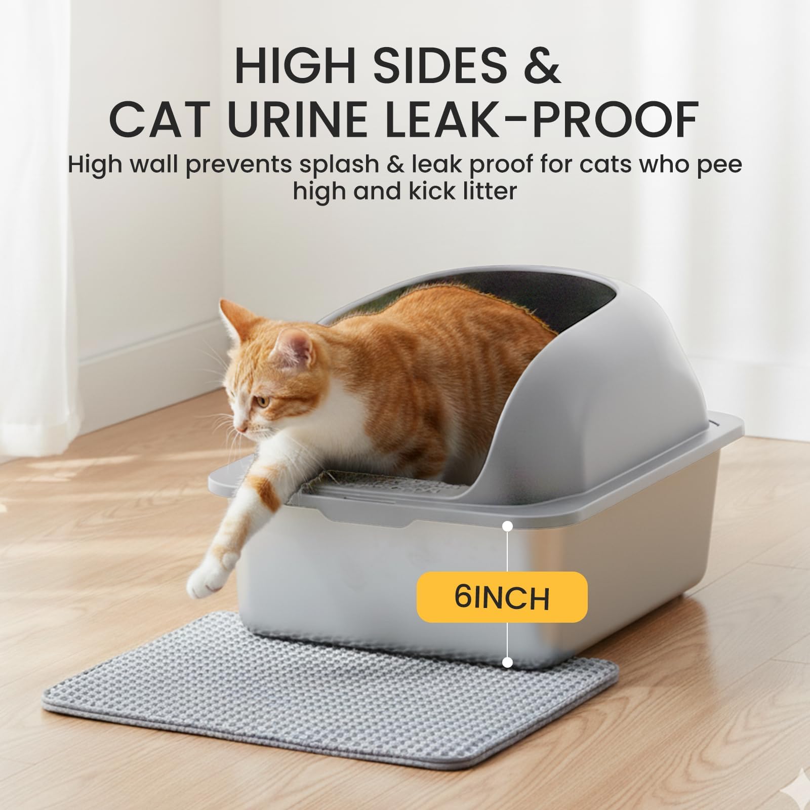 Simple Deluxe XL Stainless Steel Cat Litter Box with Lid, High Sided Metal Litter Pan for Large Cats, Urine-Proof Non-Stick, Light Gray - image 2