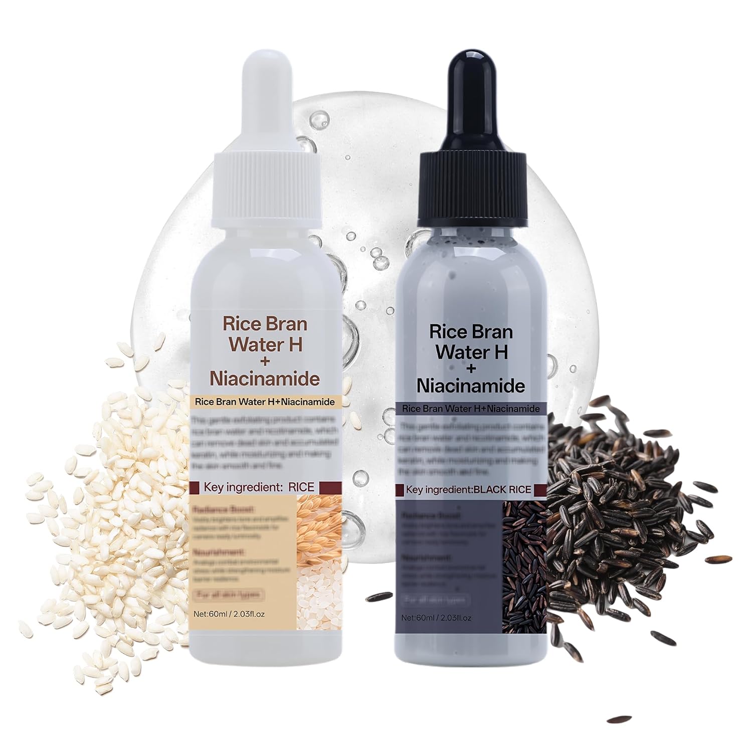 Black and white rice exfoliant ampoule,rice exfoliator,Rice Bran Water H+Niacinamide,Gently removes dead skin,Deep moisturizing and brightening skin tone,Suitable for all skin types,2PCS.