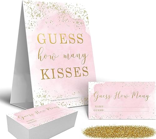Your Main Event Prints Letrero de juego con texto en inglés «How Many Kisses» de color rosa y dorado, perfecto para despedidas de soltera y bodas, 1