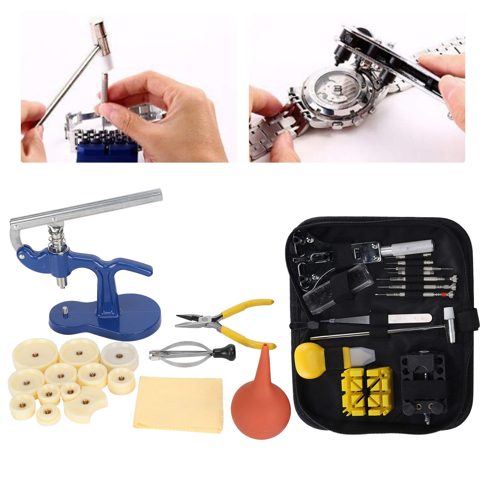 Kit de reparación de relojes, conjunto de herramientas para relojería con prensa y abridor de cajas, 10 piezas de troqueles para la extracción de la cubierta trasera, kit
