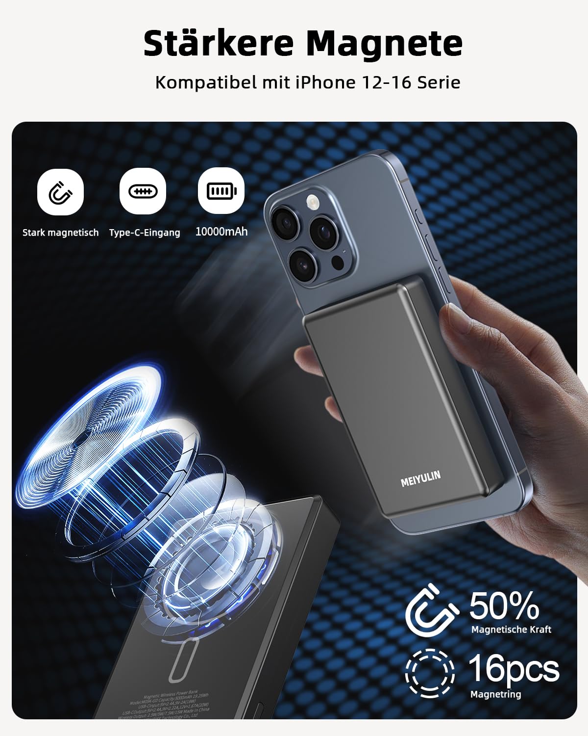 Power Bank Solid-State per Magsafe,Ultra Slim Power Bank 10000 mAh, 15 W, ricarica rapida PD 20 W, senza fili, per iPhone 17/16/15/14/13/12 Pro Max
