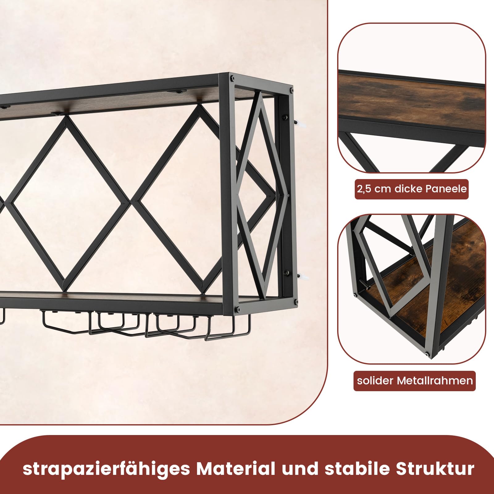 COSTWAY Weinregal Wand, 2 Ebenen Flaschenregal Holz mit Metallrahmen, mit 6 Reihen Weingläserhalter, Industrial Design, ideal für Zuhause, Bar, Küche und Restaurant