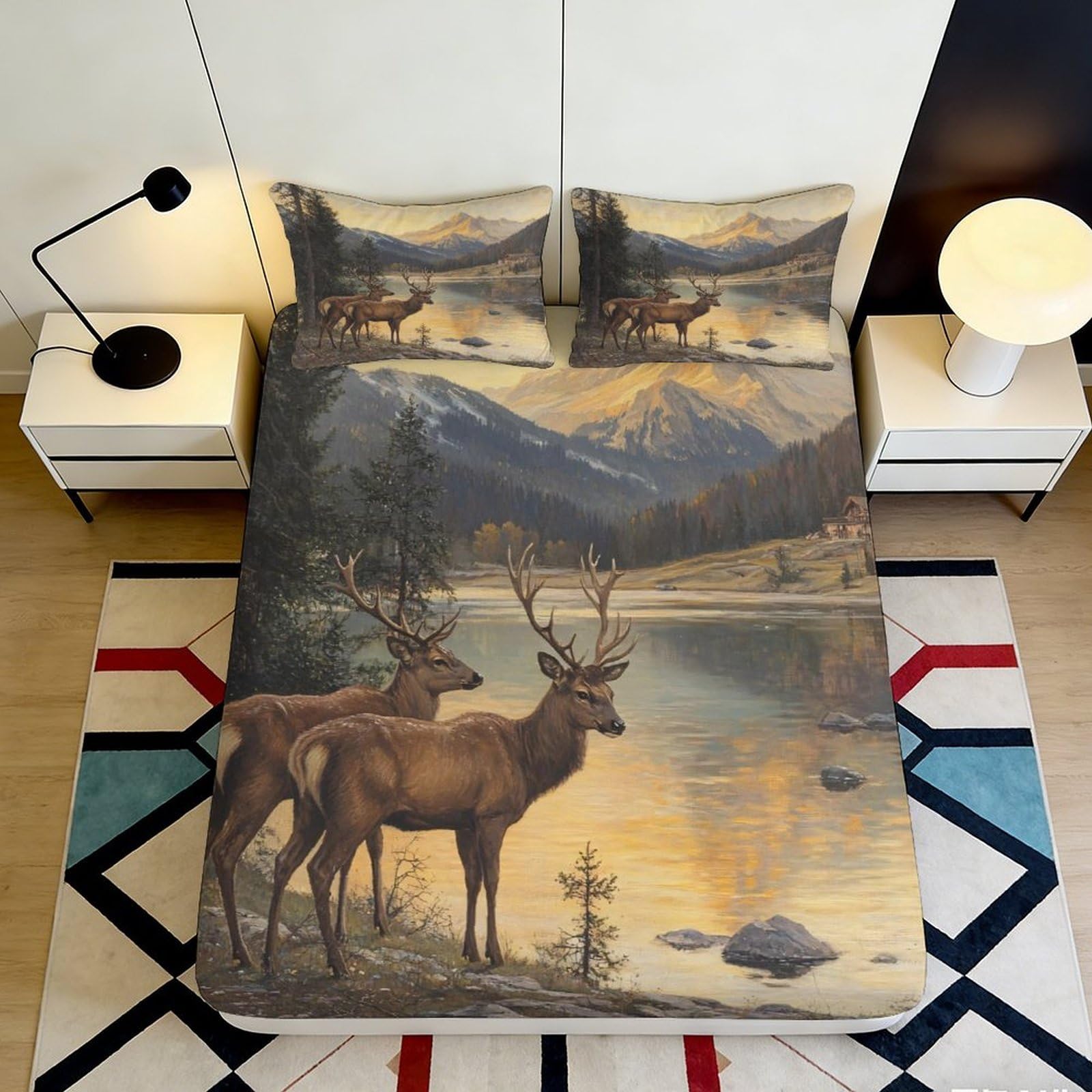 3D Printed Deer Forest Fitted Sheet Microfiber Soft Nature Lake View Bed Cover for Bedroom Dorm Mattress Decor 90x200x25cm