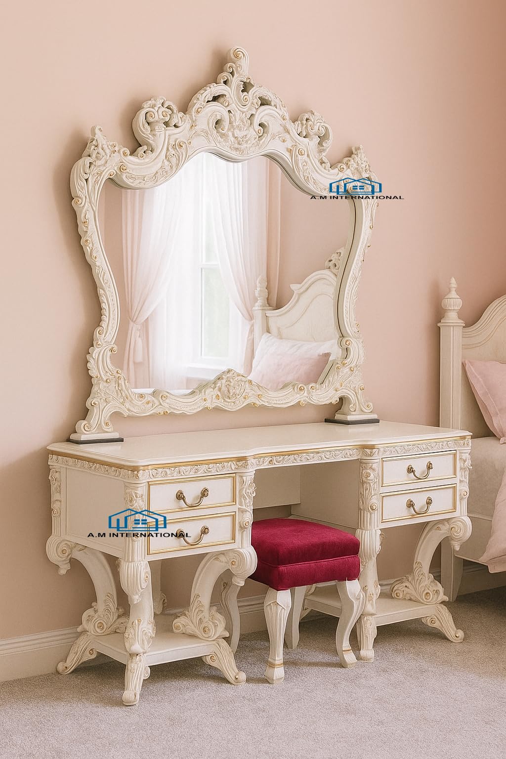 A.M INTERNATIONAL Royal Wooden Handcrafted Dressing Table Set, Console Table,  Vanity in Teak Wood with Antique White Paint for Bedroom Without Mirror :  Amazon.in: Home & Kitchen