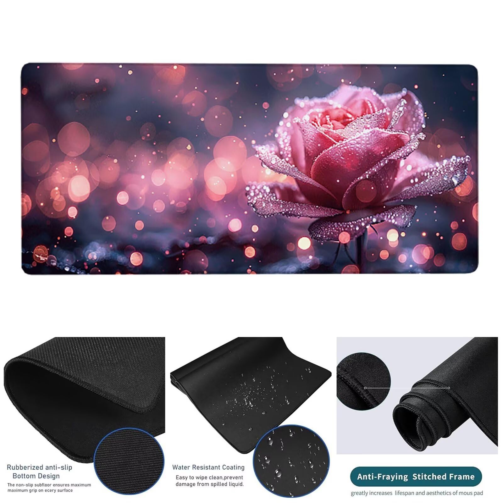Podkładka pod mysz do gier czarna rozszerzona podkładka pod mysz XXL 1200 x 600 x 3 mm, podkładka pod mysz z kwiatami ze zszytymi krawędziami, zwiększona precyzja i szybkość Gaming podkładka pod mysz