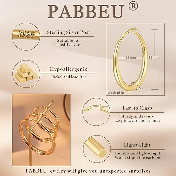 PABBEU Sterling Silver Hoop Earrings for Women Large Thick Chunky 35-70mm