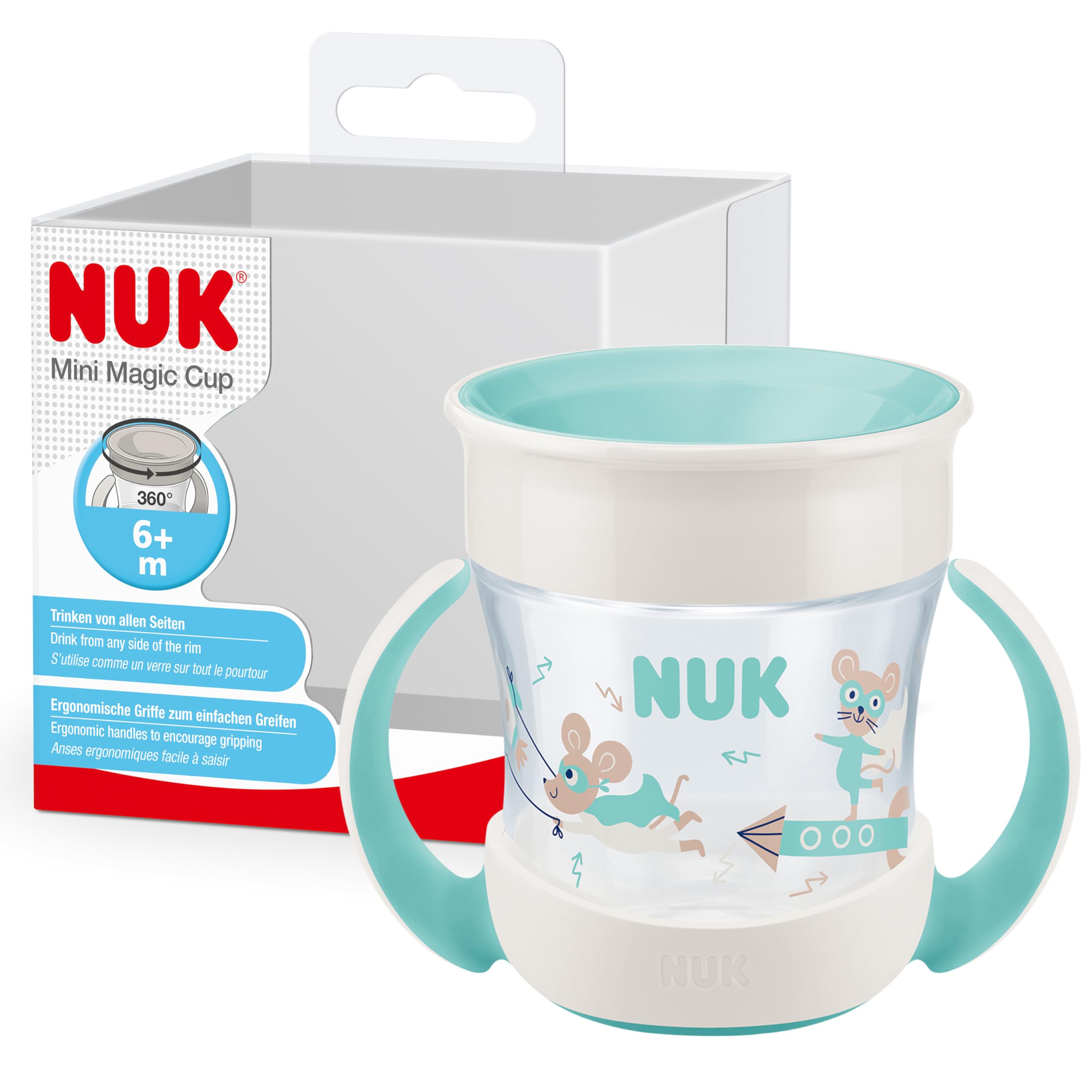 NUK Magic Cup Tasse d'Apprentissage | Rebord antifuite 360° | 6+ mois | Poignées ergonomiques | 160 ml | Turquoise (souris)