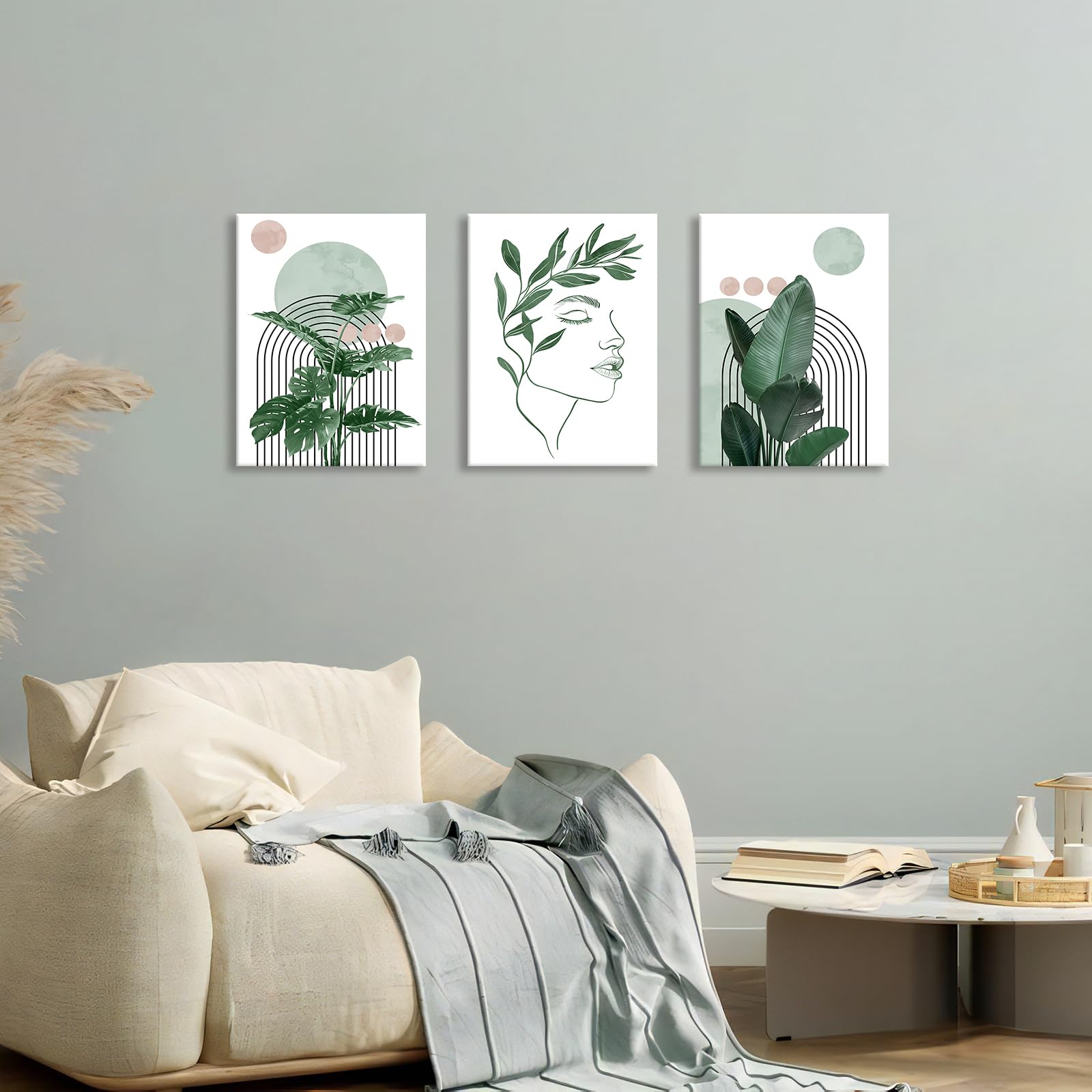 3 Pcs Wooden Framed Canvas Wall Art Set Bohemian Sage Green Canvas Prints Poster Geometric Line Beige Green Pictures for Living Room Bedroom Dinning Room Hallway Stairs Wall Decor 30x40cm x3pcs — view 164