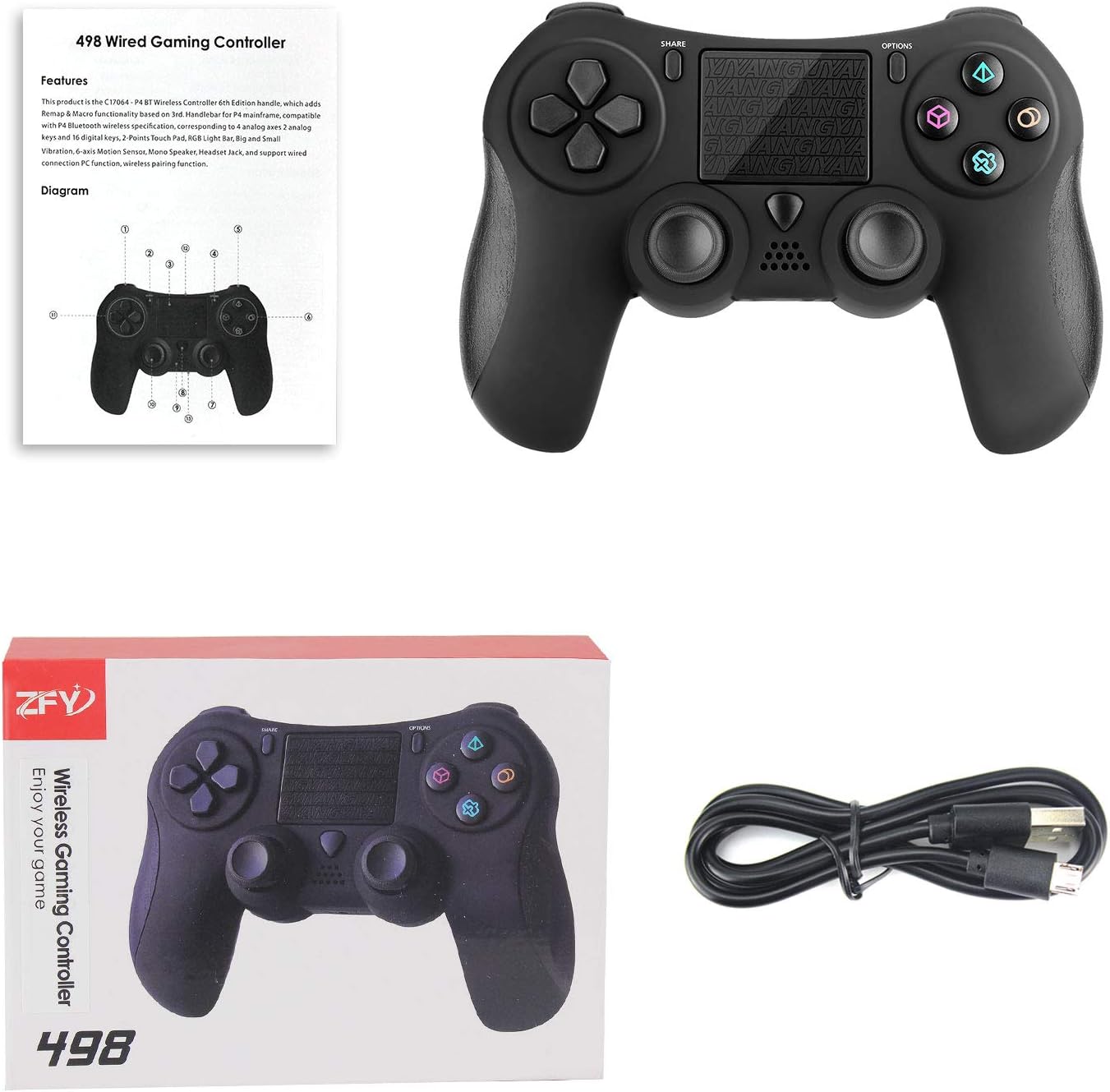 PS4 Wireless Controller, Bluetooth Gamepad for Playstation 4, 【Third Party Made】2-Points TouchPad, 3 colors RGB Light Bar, Remap&Marco function, Big and Small Vibrations, Built-in Mono Speaker