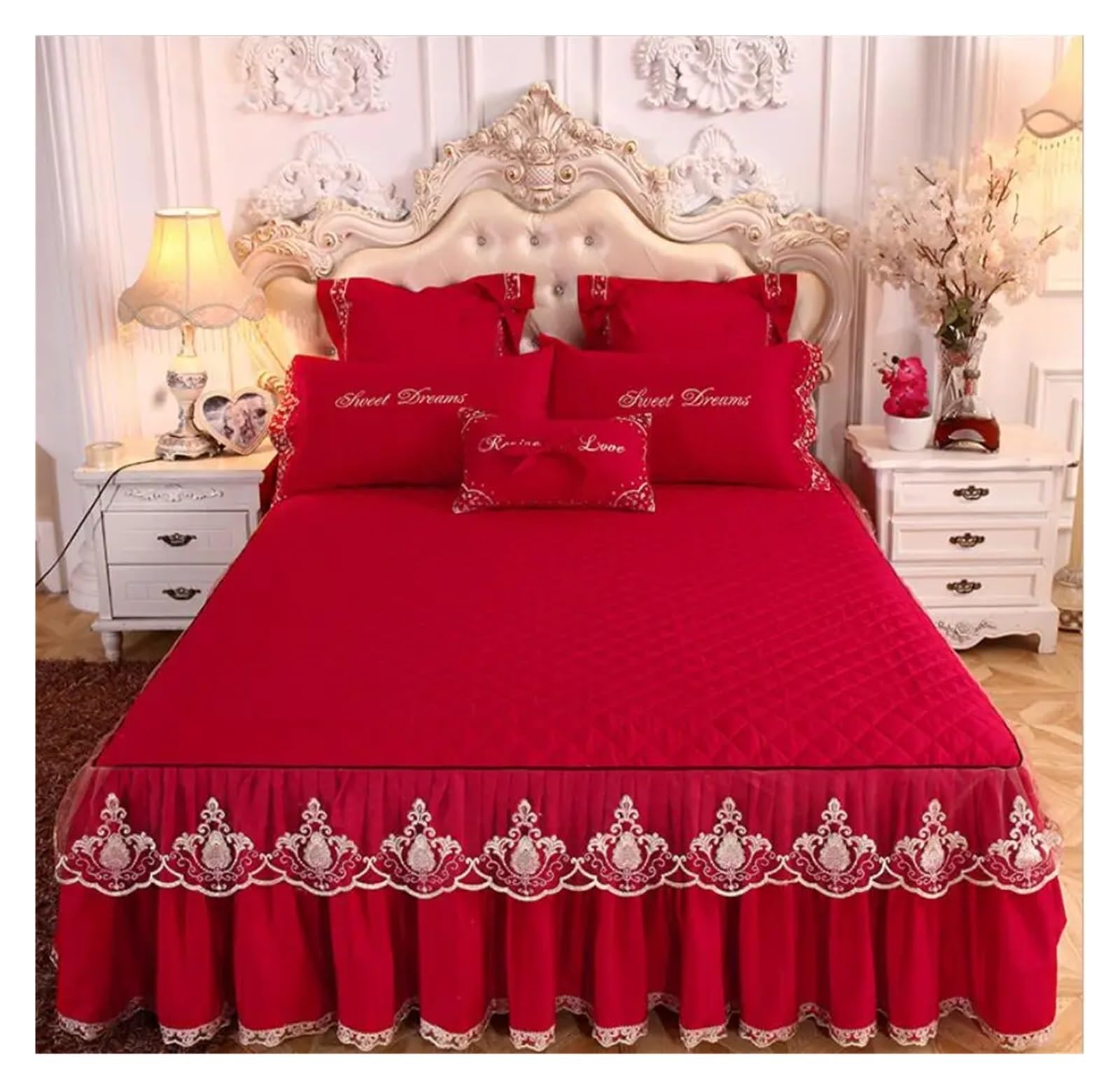 Lace Embroidered Bedding Bed Skirt With Cotton Quilted Bedspread On The Bed Solid Color Mattress Cover Sheet Pillowcase(Red A,3pcs design 180x220)