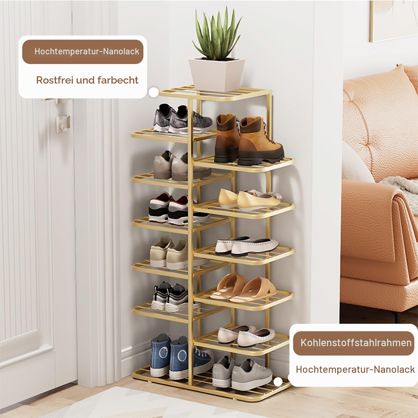 Schuhregal Metall Vertikales Schuhablage Offener Schuhschrank Hoch, Schuh-Organizer für Flur Schlafzimmer Eingangsbereich, Einfache Montage(Gold,93cm/36.6in)