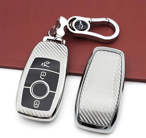 Miniatura 6 de Funda de cuero para llavero Mercedes-Benz 2019-2022 Clase C, Clase G, Clase 2017-2022 Clase E 2018-2021 Clase S, Patrón de fibra de carbono - Plata