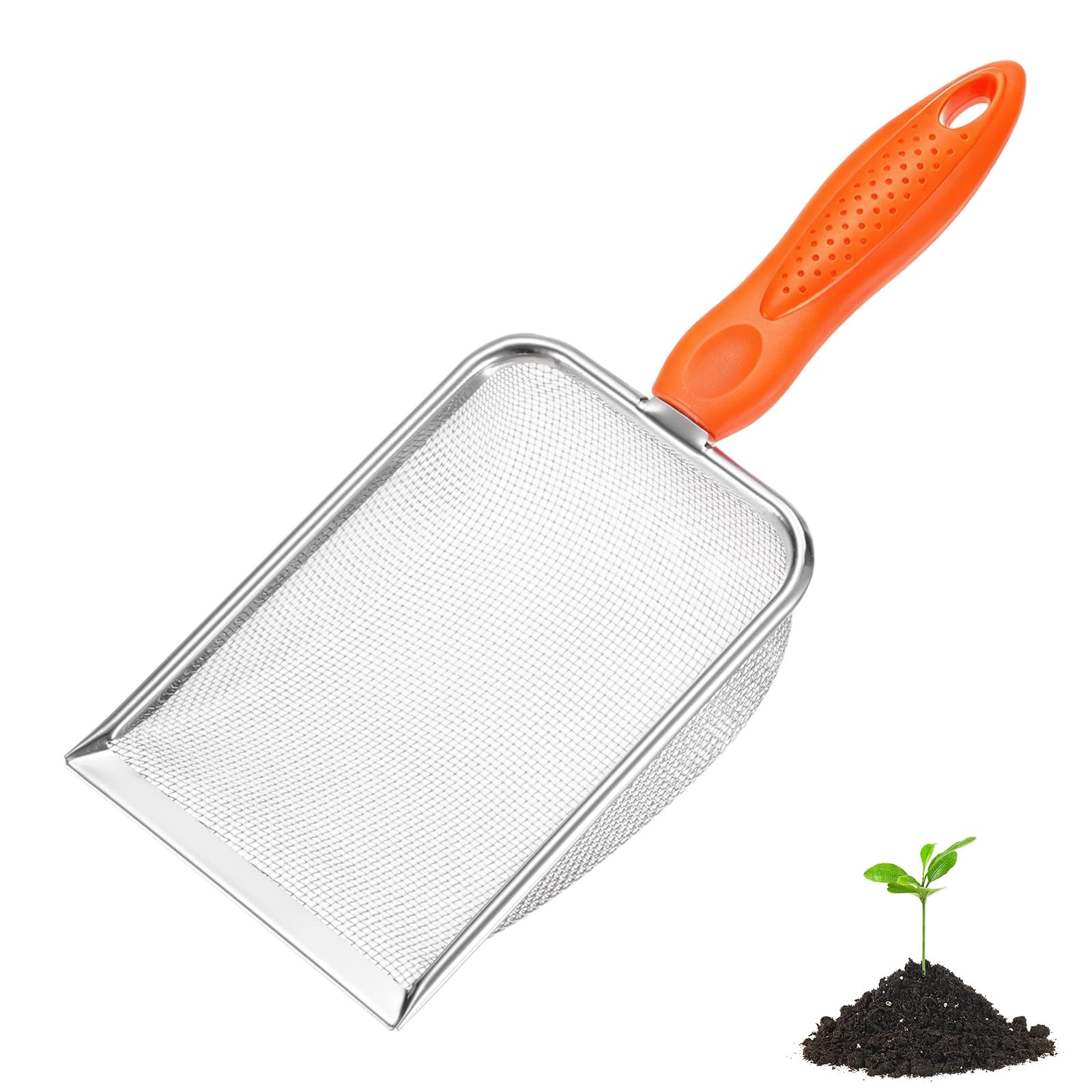 M METERXITY 1-Pack Gardening Soil Sifter, 1.5 mm Mesh Stainless Steel Portable Gardening Sifter with Non-Slip Handle for Sand/Dirt/Rock/Compost [White, Orange]