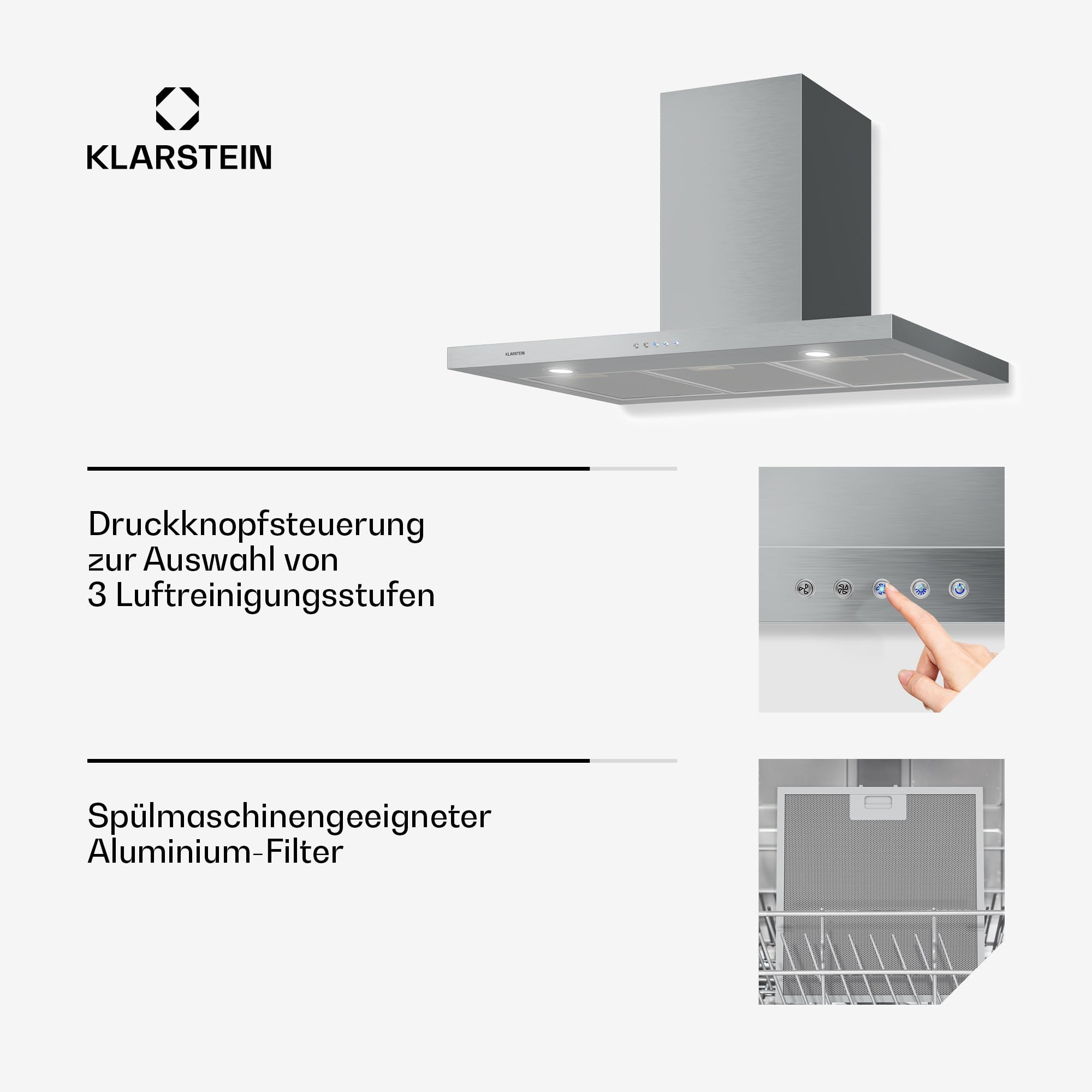 Klarstein Limelight Dunstabzugshaube - Edelstahl Wandhaube, Abzugshaube mit 3 Leistungsstufen, 600 m³/h, Digitalanzeige, LED-Beleuchtung, 64 dB, 90 cm Breite, silber