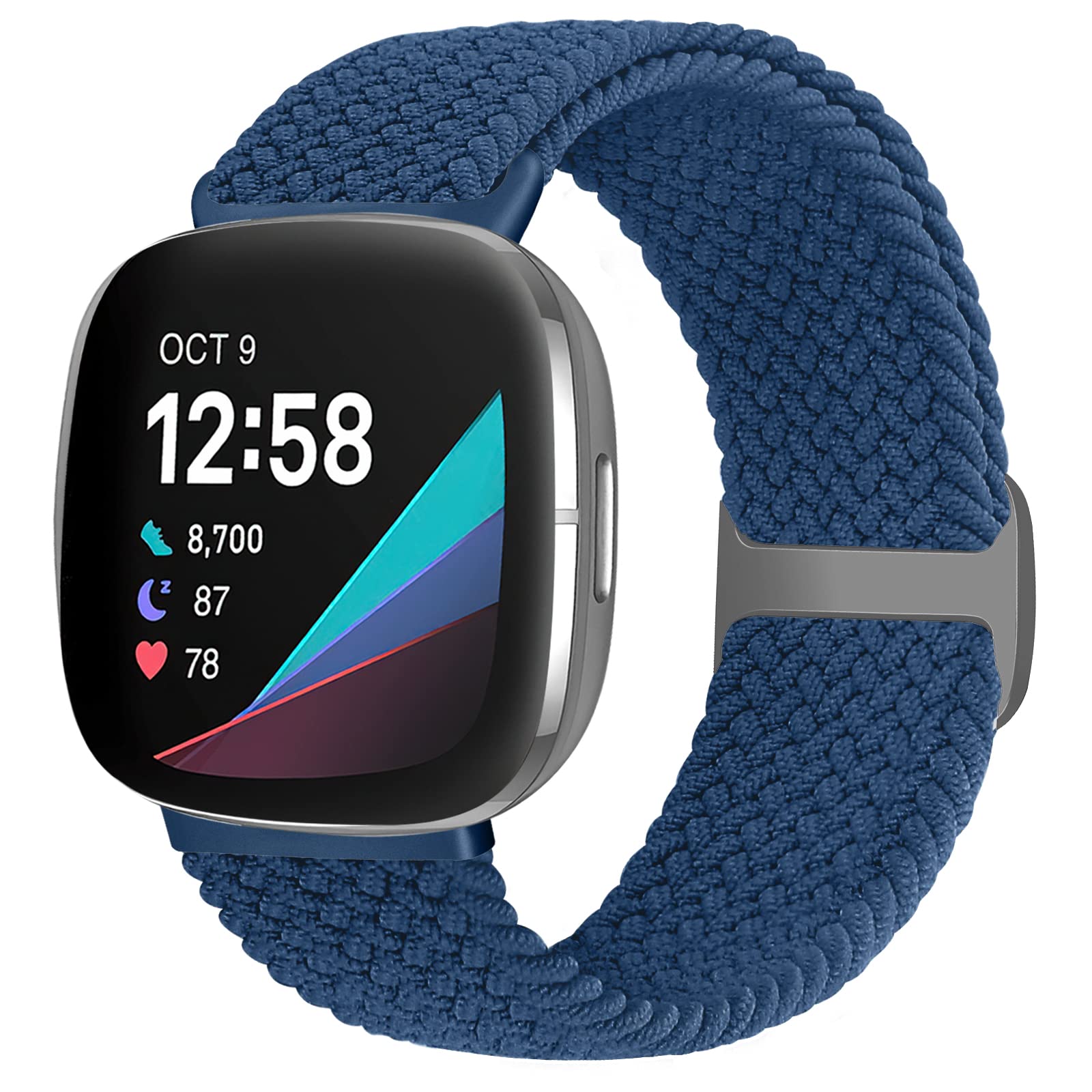 Enkic Braided Straps Compatible with Fitbit Versa 3 & Sense, Elastic Woven Adjustable Sport Solo Loop Watch Bands Replacement - Stretchy Nylon Wristband for Men & Women, Navy Blue