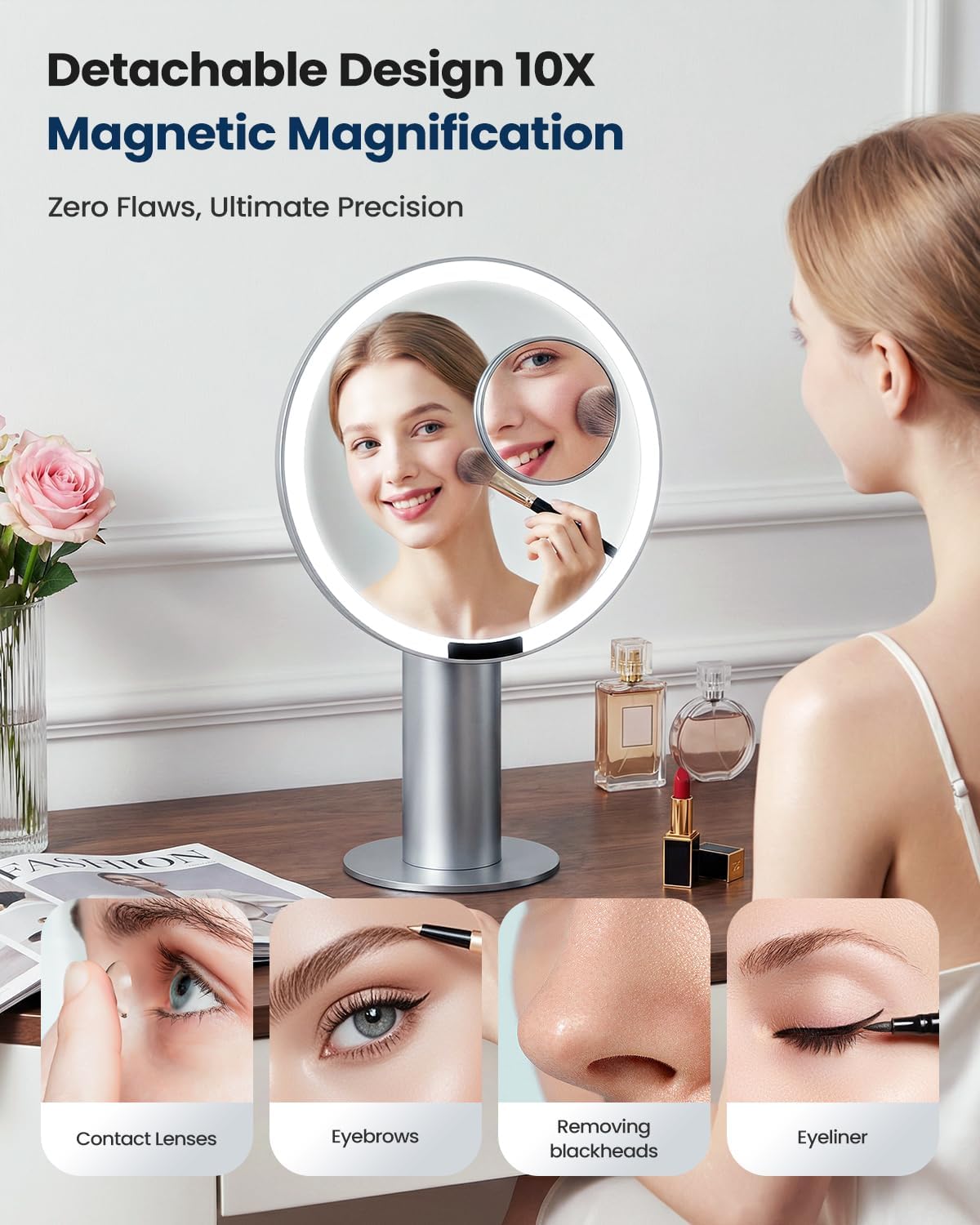 SJZX Silver Lighted Makeup Mirror with Travel Case & 10X Magnification, Rechargeable Vanity Mirror with Lights, 70 LED 3CCT Lighting, Portable Mirror for Desk & Travel, Gift for Women Wife Girlfiend