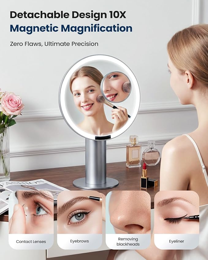 Espejo de maquillaje iluminado SJZX plateado con aumento 10X miniatura 3