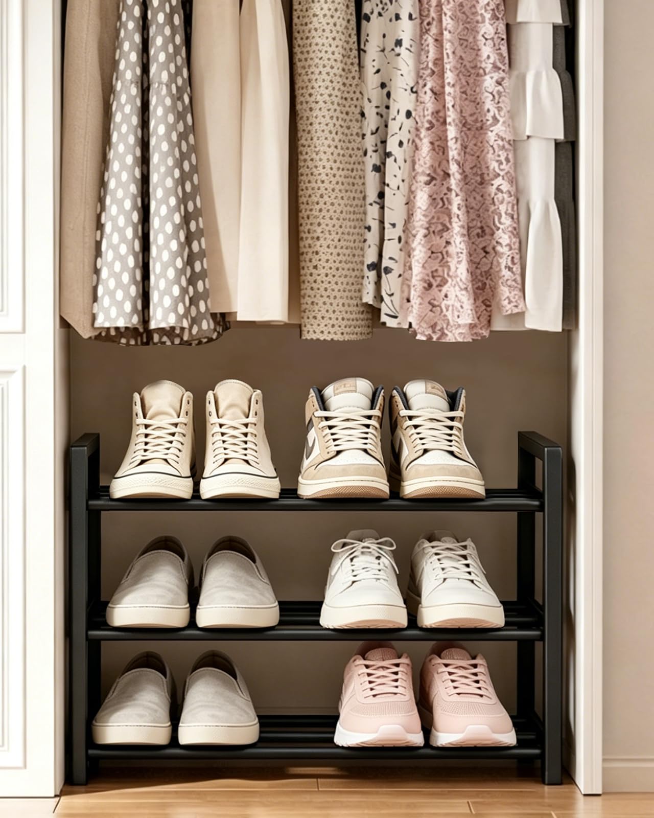 Scarpiera a 3 Ripiani, Scarpiera Salvaspazio Espandibile Portascarpe Aperta in Metallo per 6-12 Paia di Scarpe per Ingresso, Soggiorno, Corridoio, Camera da Letto, Armadio, Esterno (Nero,Piazza)