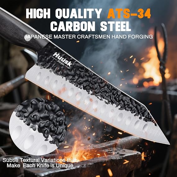 Huusk Knives from Japan Santoku knife - Hand Forged Chef Knife for Meat Cutting - Ideal Kitchen Knife Made From a Single Piece of High Carbon Steel Christmas Gift for Men and Women
