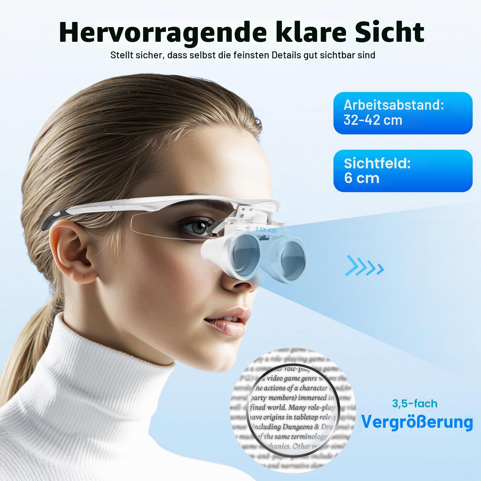Lupenbrille 3,5X Zahnärztliche Binokularlupe 420mm mit LED Kopflampe, Chirurgische Vergrößerungsbrille für Klinik Labor Beauty OP