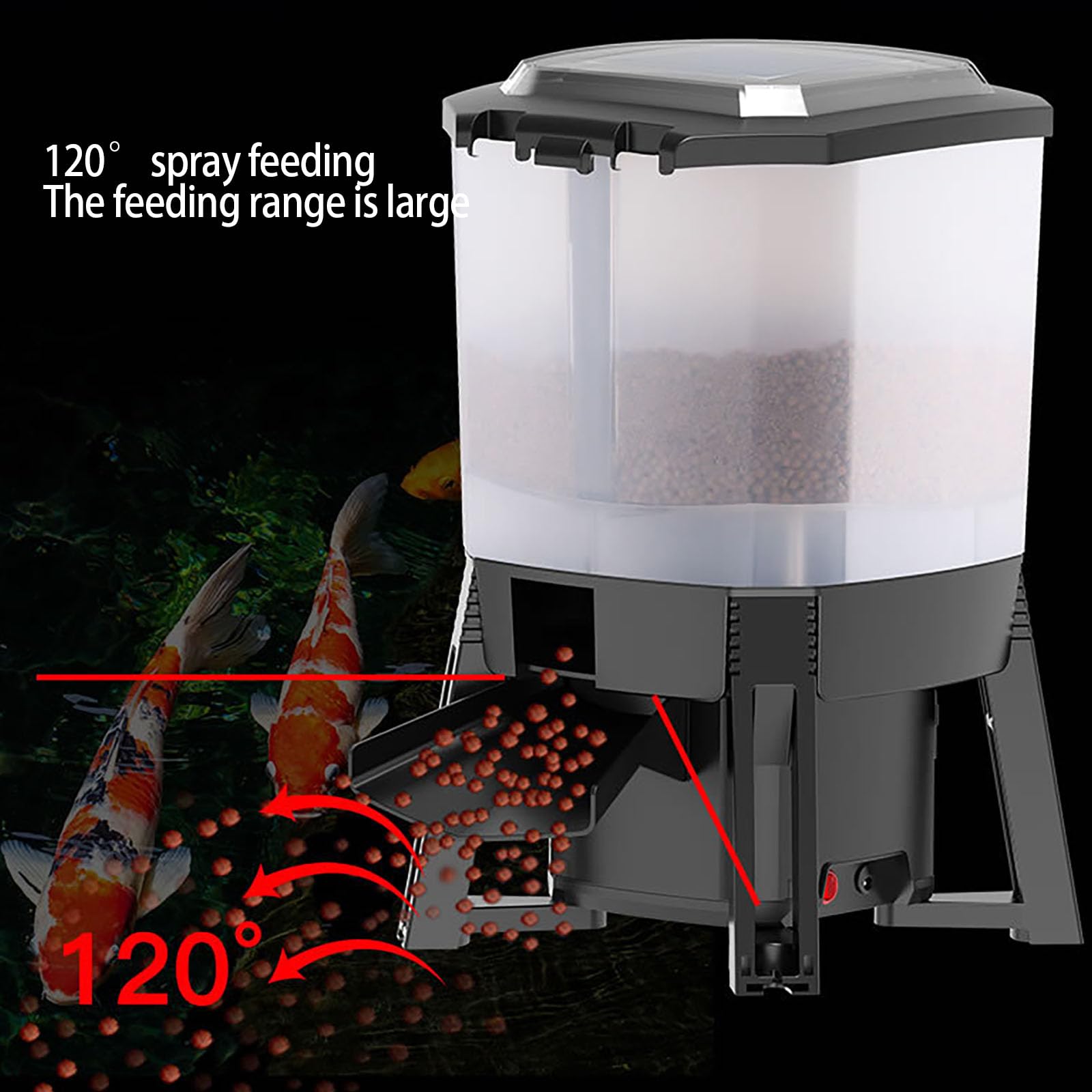 Mangiatoia elettrica per pesci, 6 l, distributore automatico di cibo per pesci con display LCD, dispersione di 120°, distanza di alimentazione e durata regolabili per pellet di dimensioni 3-10 mm