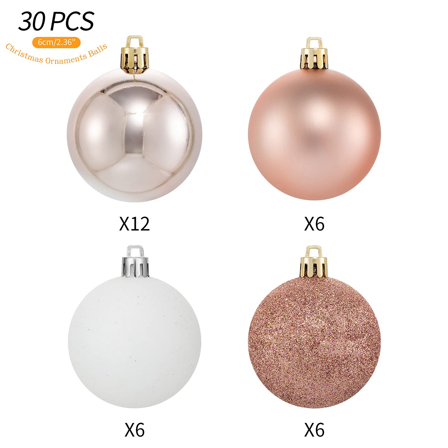 MELOKI 30 bolas de Navidad de 6 cm, adornos de Navidad inastillables, bolas de decoración con adornos de árbol, ganchos para árbol de Navidad, fiesta, boda, oro rosa y blanco