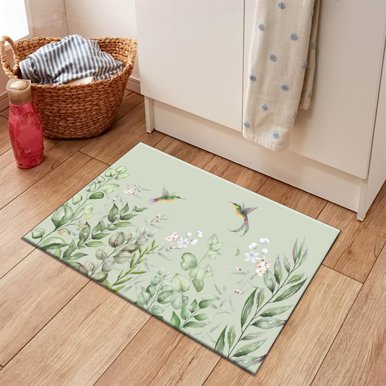 LB Eukalyptus-Küchenmatten für Bodenkissen, Anti-Ermüdung, Küchenmatte, Kolibri auf Salbeigrün, Küchenteppich-Set, rutschfest, waschbar, Küchen-Bodenmatte, 61 x 40,6 cm + 119,4 x 40,6 cm