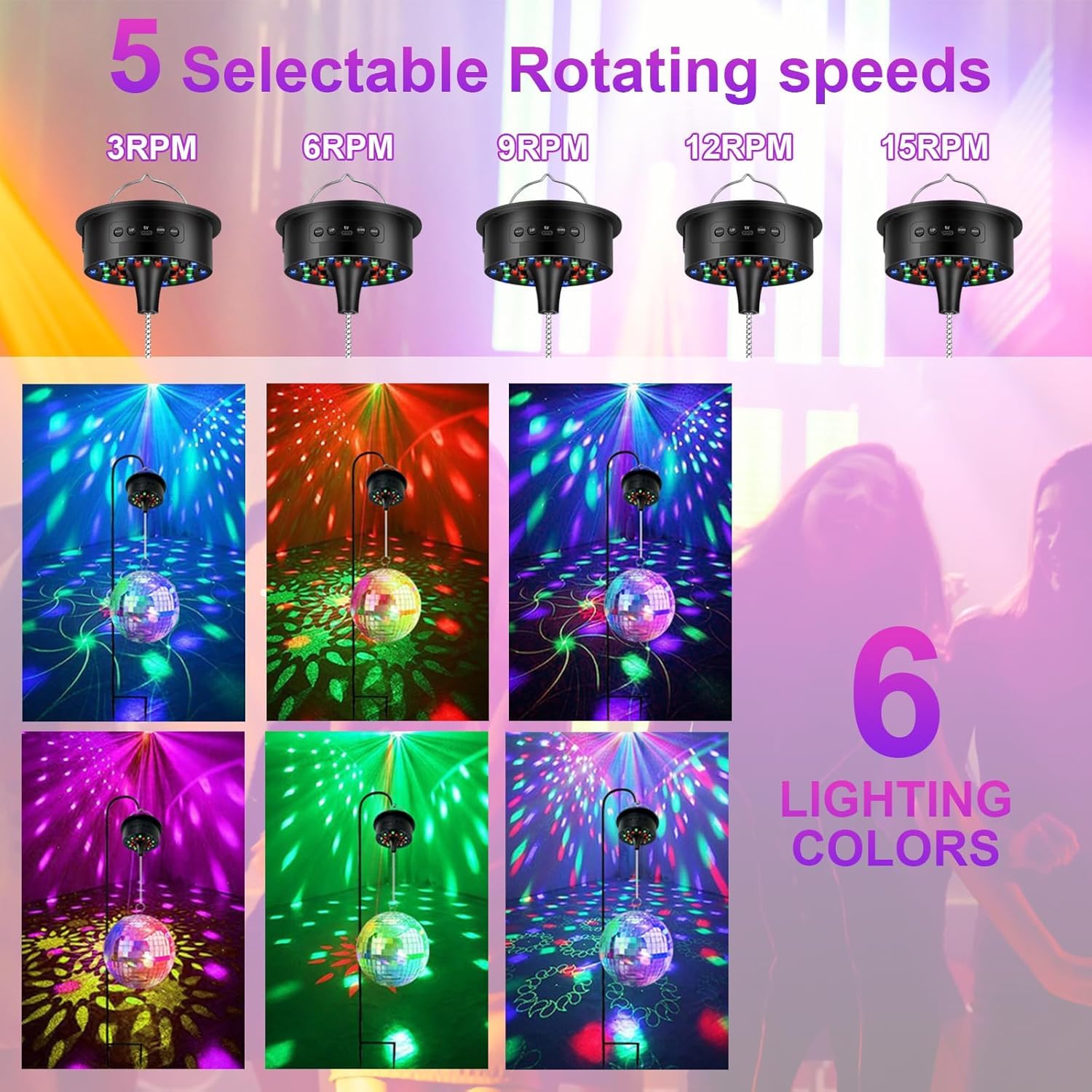 Moteur Boule Disco avec Télécommande, Boule à Facette Base 30 LED, Jeux de Lumiere pour Soiree, Lumiere DJ, Lumière Ambiance, 5 Vitesses, Piles/Câble, Projecteur Soiree Fête
