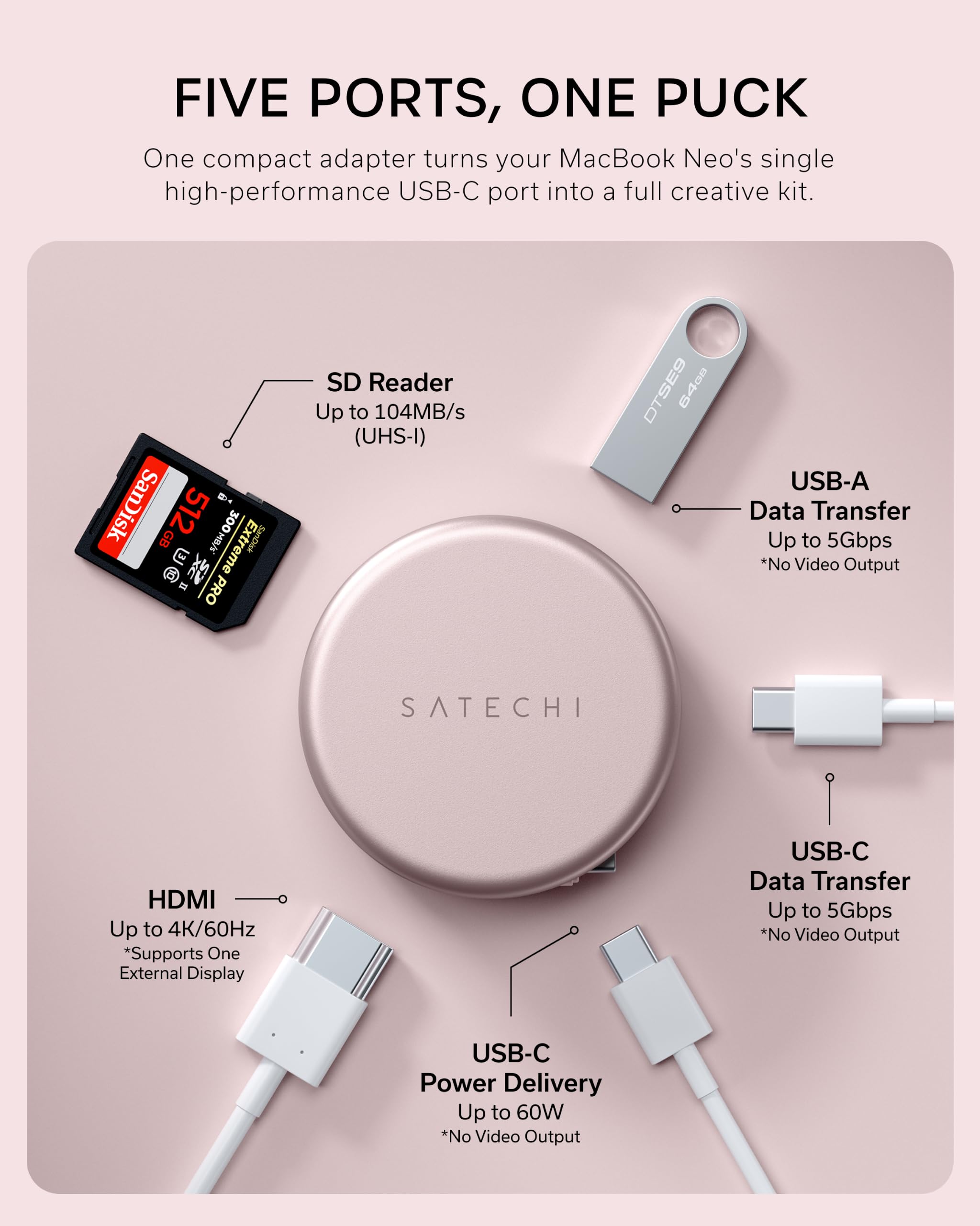 SATECHI Bundle Hub USB-C OntheGo 5 en 1 y Hub USB-C Snap 6 en 2 (Rosa Nube) Bundle