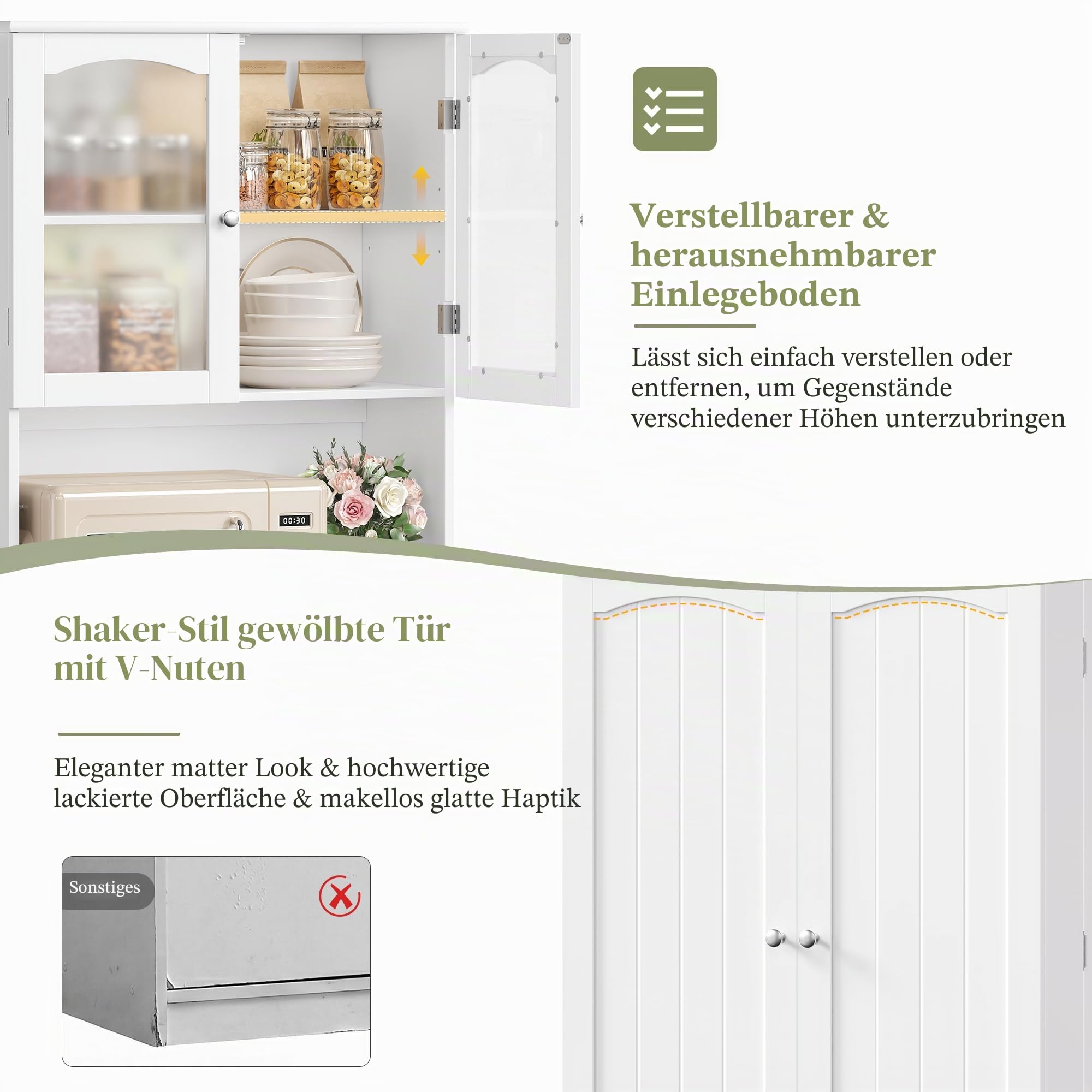 Küchenschrank, Buffetschrank mit Gewürzregal Weiß lackiert, 180x60 | Vorratsschrank mit Arbeitsplatte, lackierter Oberfläche, 8 Fächer, 3 Verstellbare Ablagen & 4 Türregale für Küche