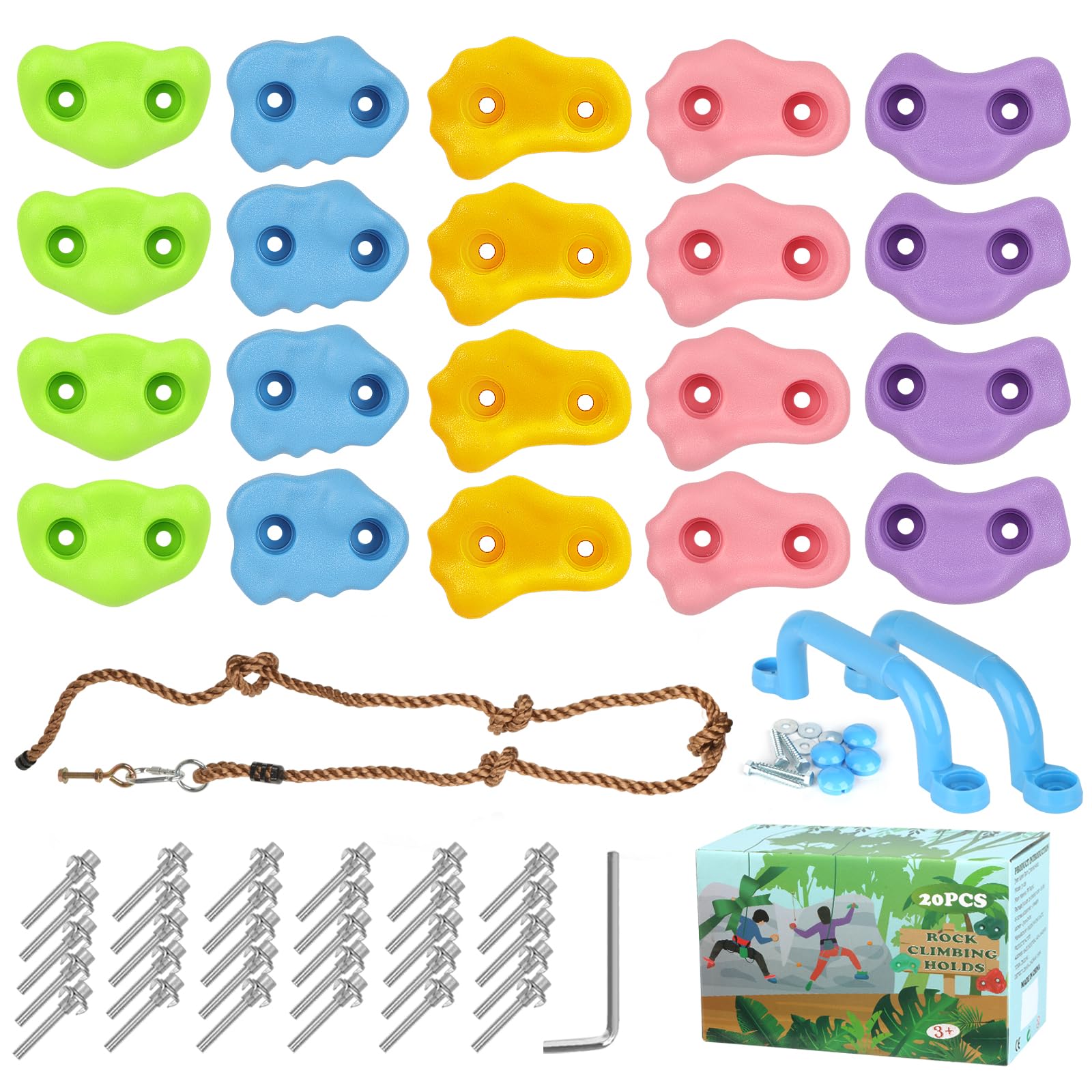 20 Stück Klettergriffe Kinder Outdoor - Klettersteine | Kletterwand Griffe Für Spielturm, mit 2 Griffen und 270 cm Kletterseil, Rock Wall Climbing Holds Steine helle Kletterfarbe