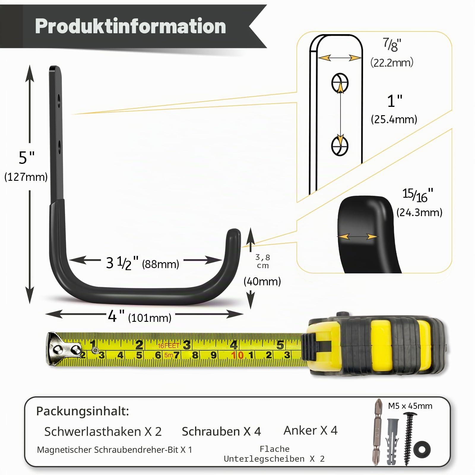 Robuste Garagenhaken, schwerlast Wandhaken, J Garage Haken zum Aufhängen, Stahl-Wandhalterung Werkstatt Organizer für Aufbewahrung, Leiter, Werkzeuge, Gartengeräte (2 Stück,10cm, 22kg)