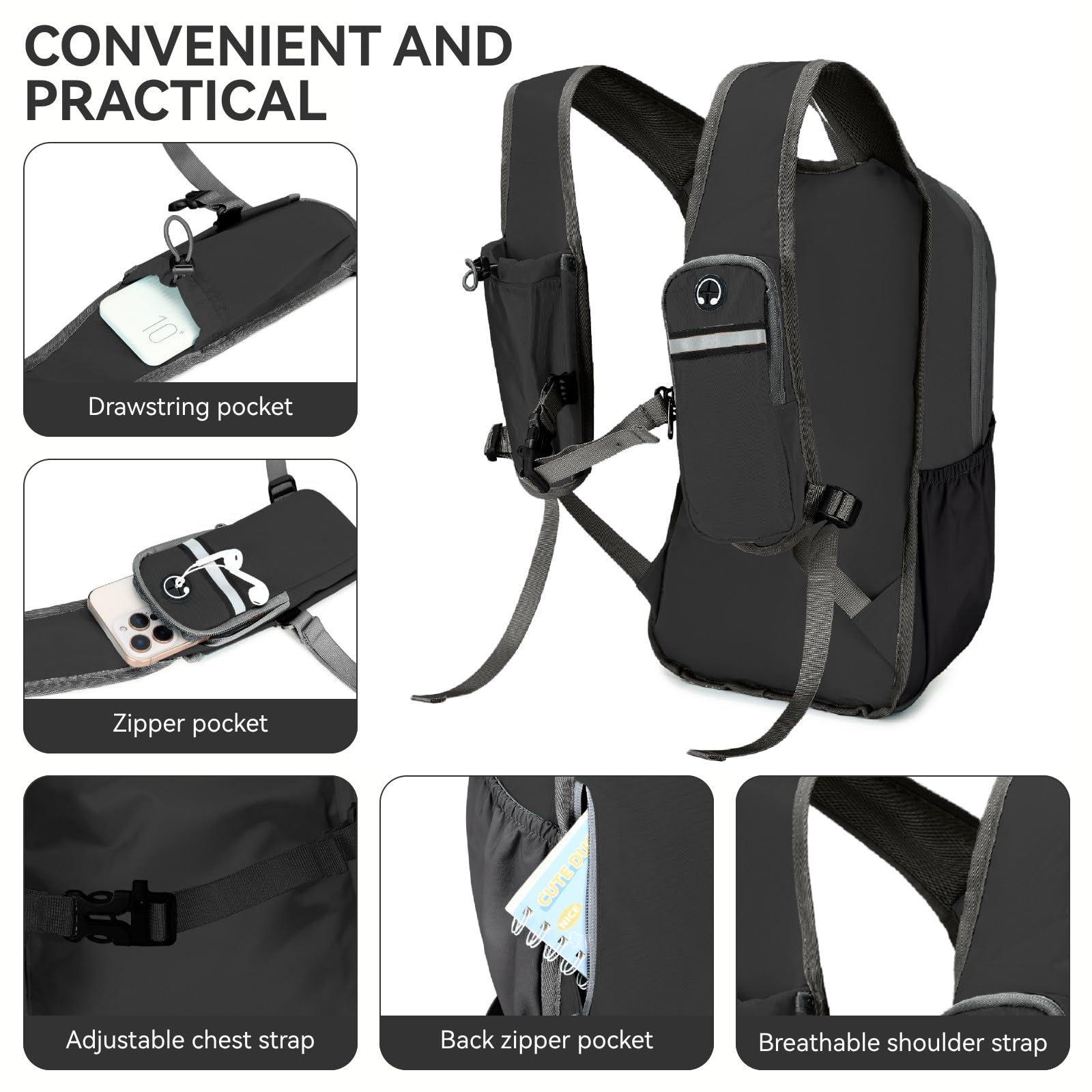 15L Wanderrucksack Kleiner Damen Herren Leichter Faltbarer Daypack Tagesrucksack Trekkingrucksack für Camping Outdoor Reisen, Schwarz