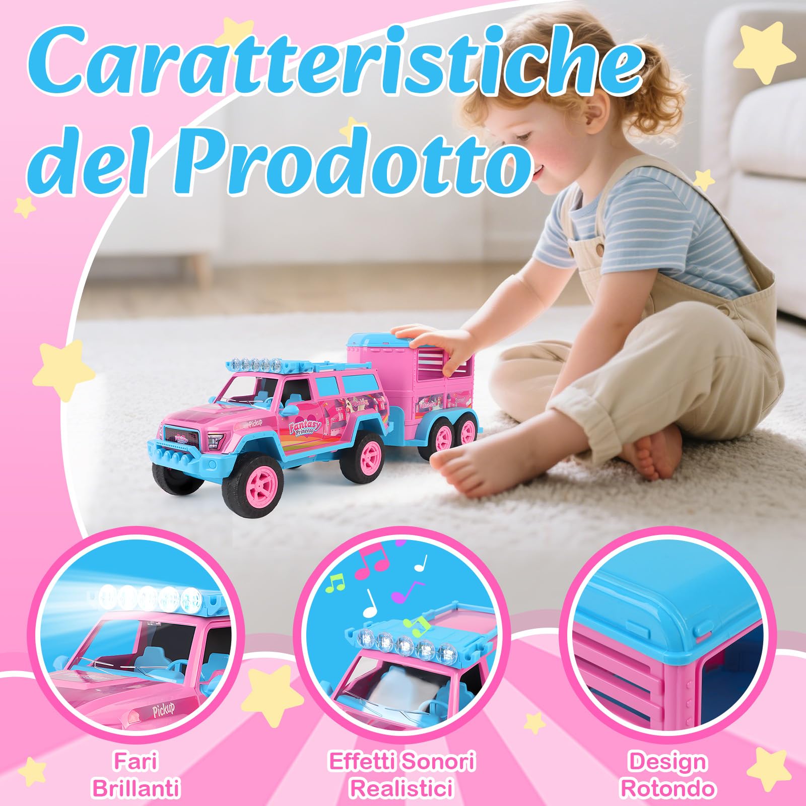 Charmofun Giocattolo Rimorchio per Cavalli, Trasportatore di Cavalli con Suoni e Luci (incl. Auto, Personaggio, 2 Unicorni, 8 Accessori), Giocattolo per Cavalli per Bambini dai 3 Anni in Su