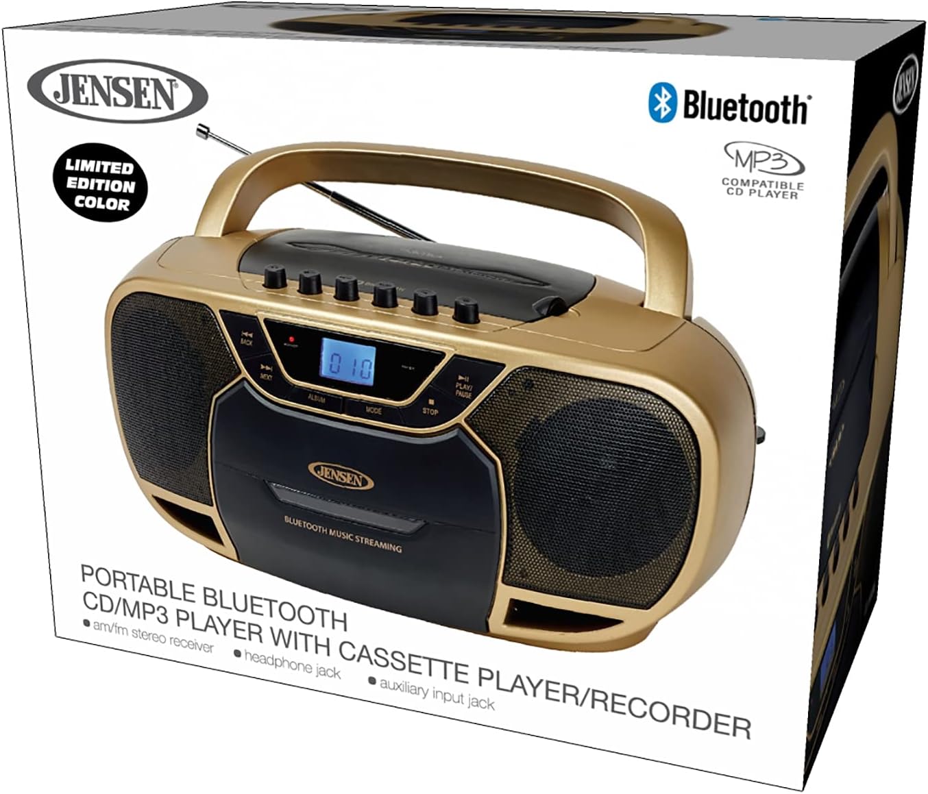 Jensen Stereo CD-590 Portable Bluetooth Home Audio CD/Cassette Boombox Digital Tuner AM/FM Radio Sound System, Top-Loading MP3 CD Player, Cassette Player/Recorder - Gold Exclusive