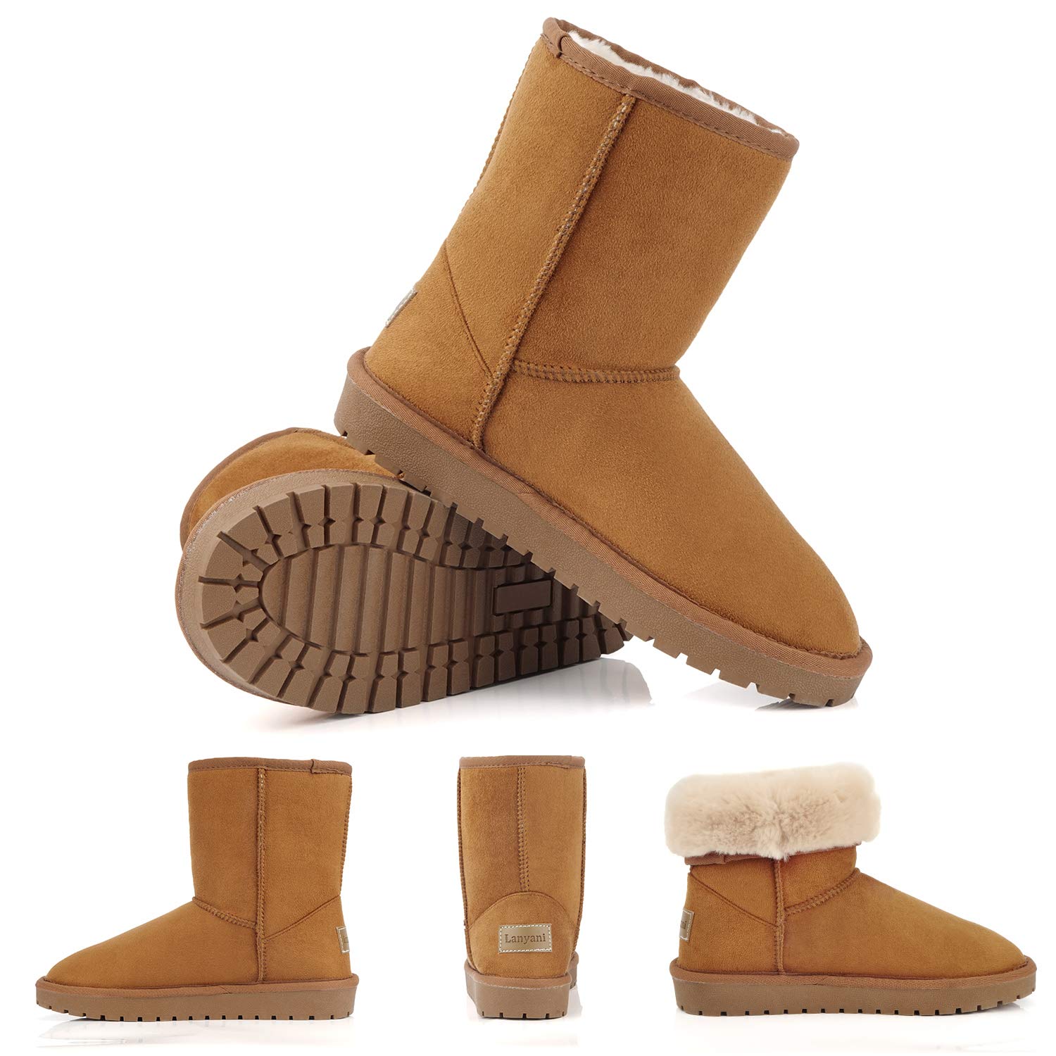 Lanyani Women's Vegan Winter Boots Waterproof Classic Faux Sheepskin Warm  Mid Calf Snow Boots