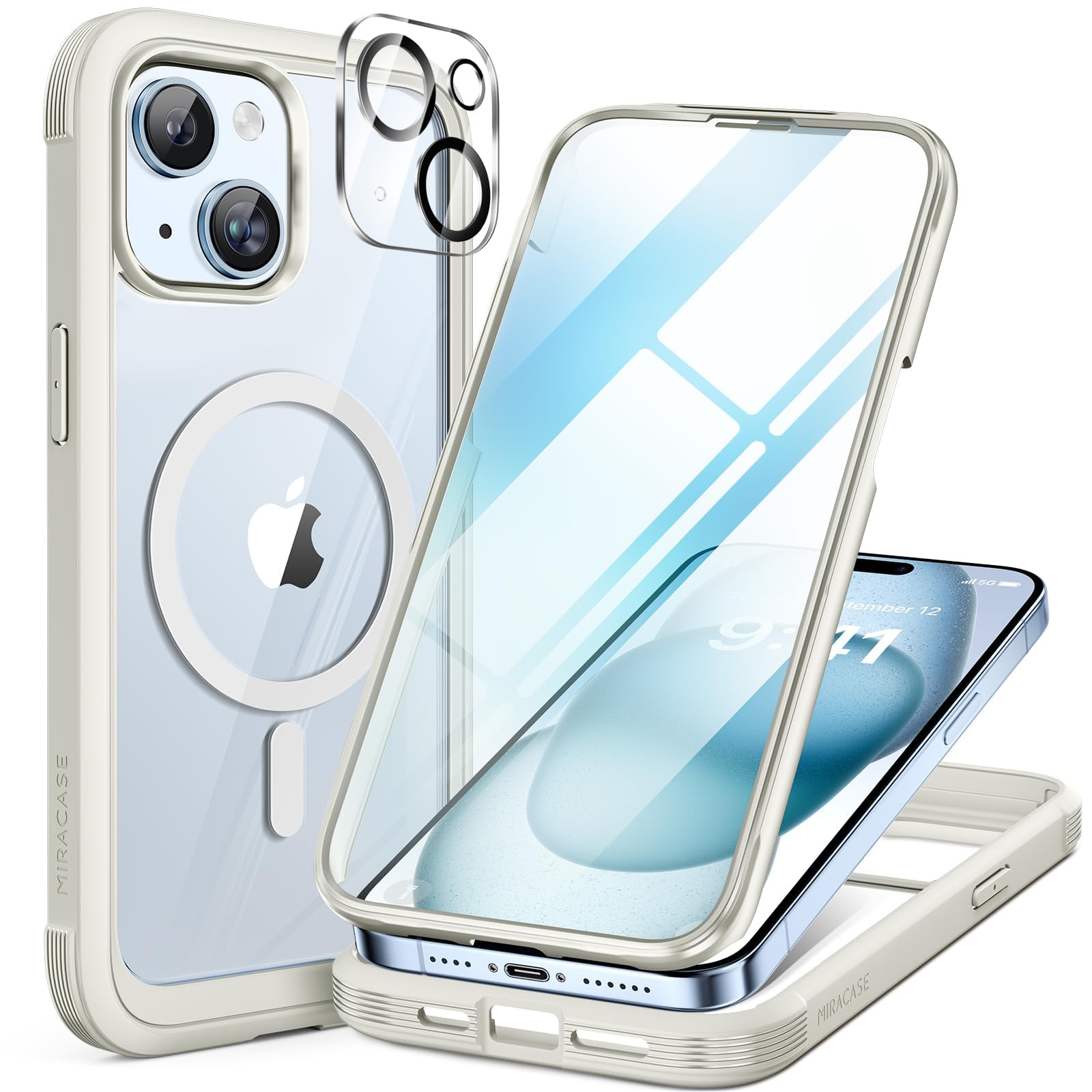 miracase Glass Series for iPhone 15 Case [Compatible with MagSafe] Full-Body Magnetic Case with Built-in 9H Tempered Glass Anti-Fingerprint Screen Protector + Camera Lens Protector, White