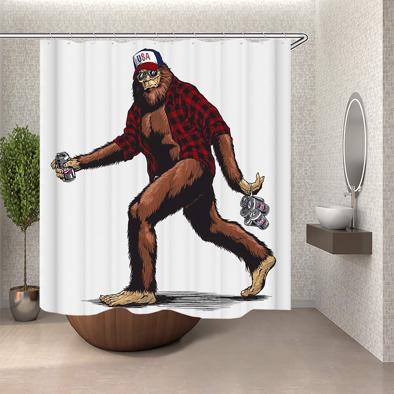 SARA NELL Shower Curtain Walking USA American Hillbilly Sasquatch Bath Curtain Bathroom Home Decor Set Polyester Fabric Washable Waterproof 12 Hooks 72x72 inch