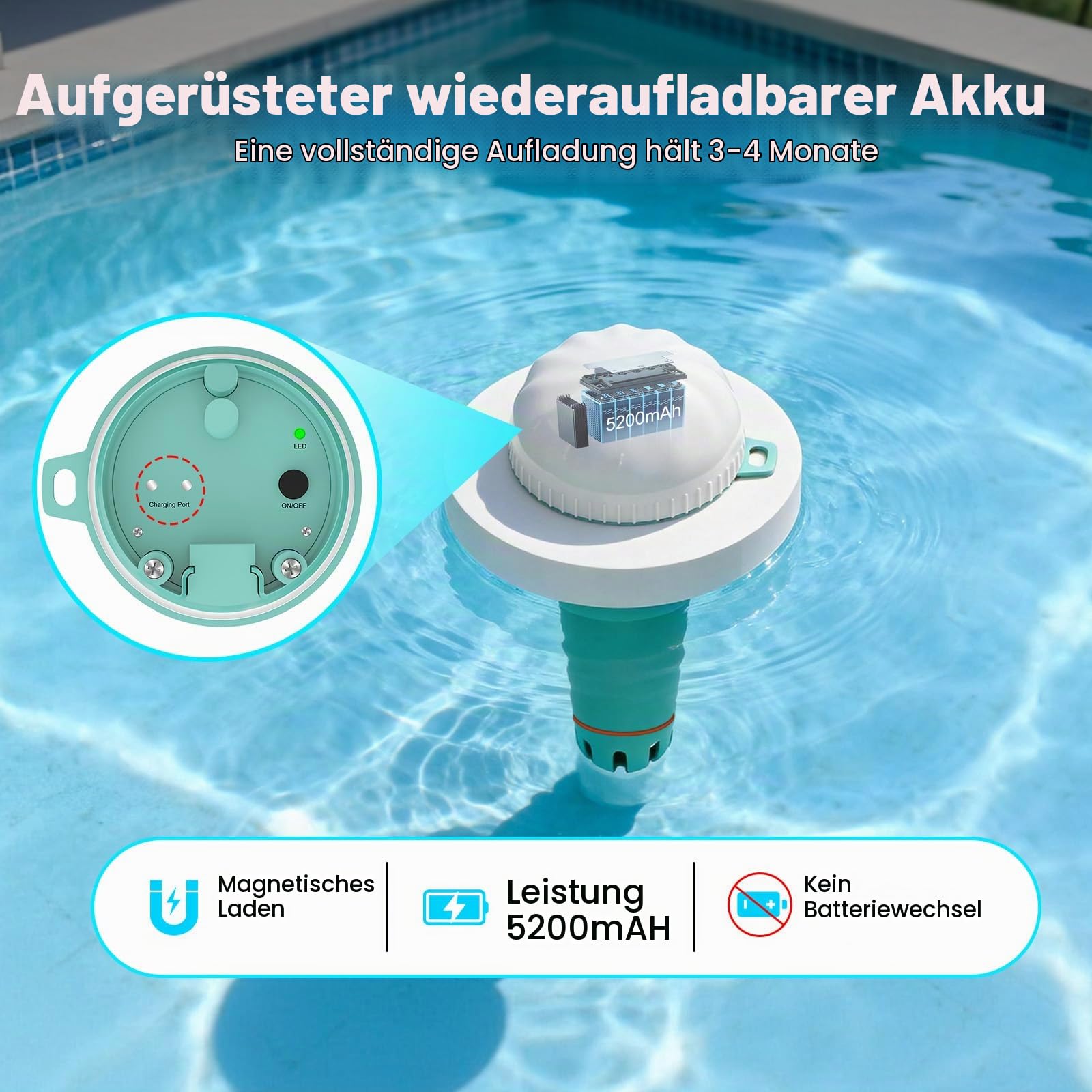 Upgrade Smart Pooltester Wiederaufladbar, 7-in-1 WLAN Wassertester mit App, Misst Chlor, pH, Salz, ORP, EC, TDS & Temperatur, Automatische Warnungen für Pool & Spa