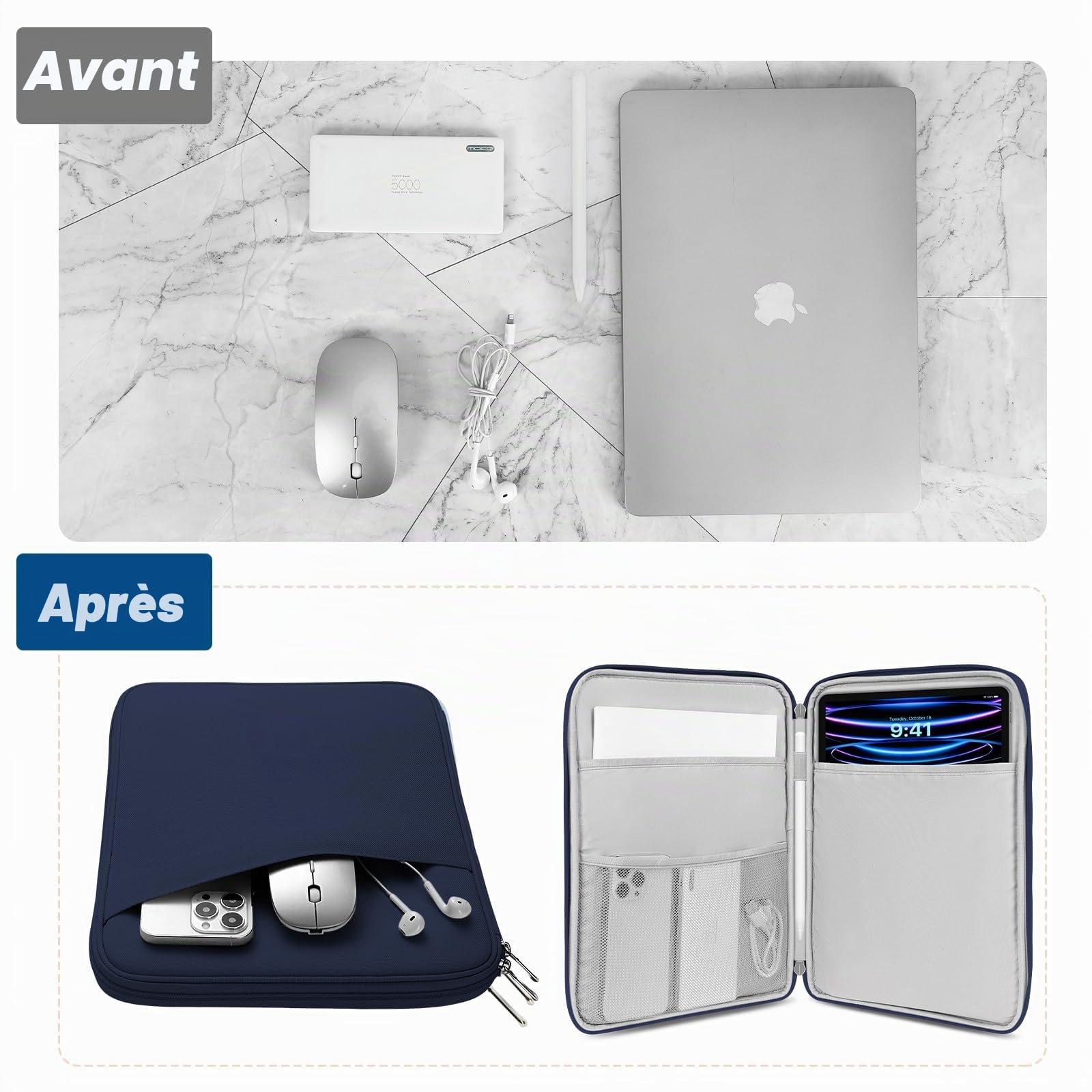 MoKo 13 Pouces Sacoche pour Tablette avec Poche | Housse de transport pour tablette compatible avec iPad Air M4, iPad Pro M5, Mac Neo (A18 Pro), Indigo