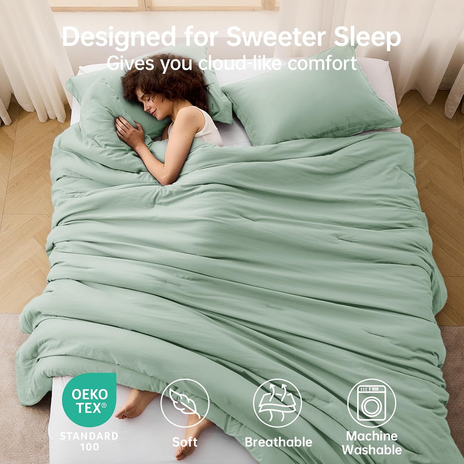 MUXHOMO Queen Comforter Set, All Season Ultra Soft Down Alternative Bedding - 3 Piece Lightweight Bed Set Includes 1 Comforter (90"x90") and 2 Pillow Shams (20"x26"), Sage Green - Image 2
