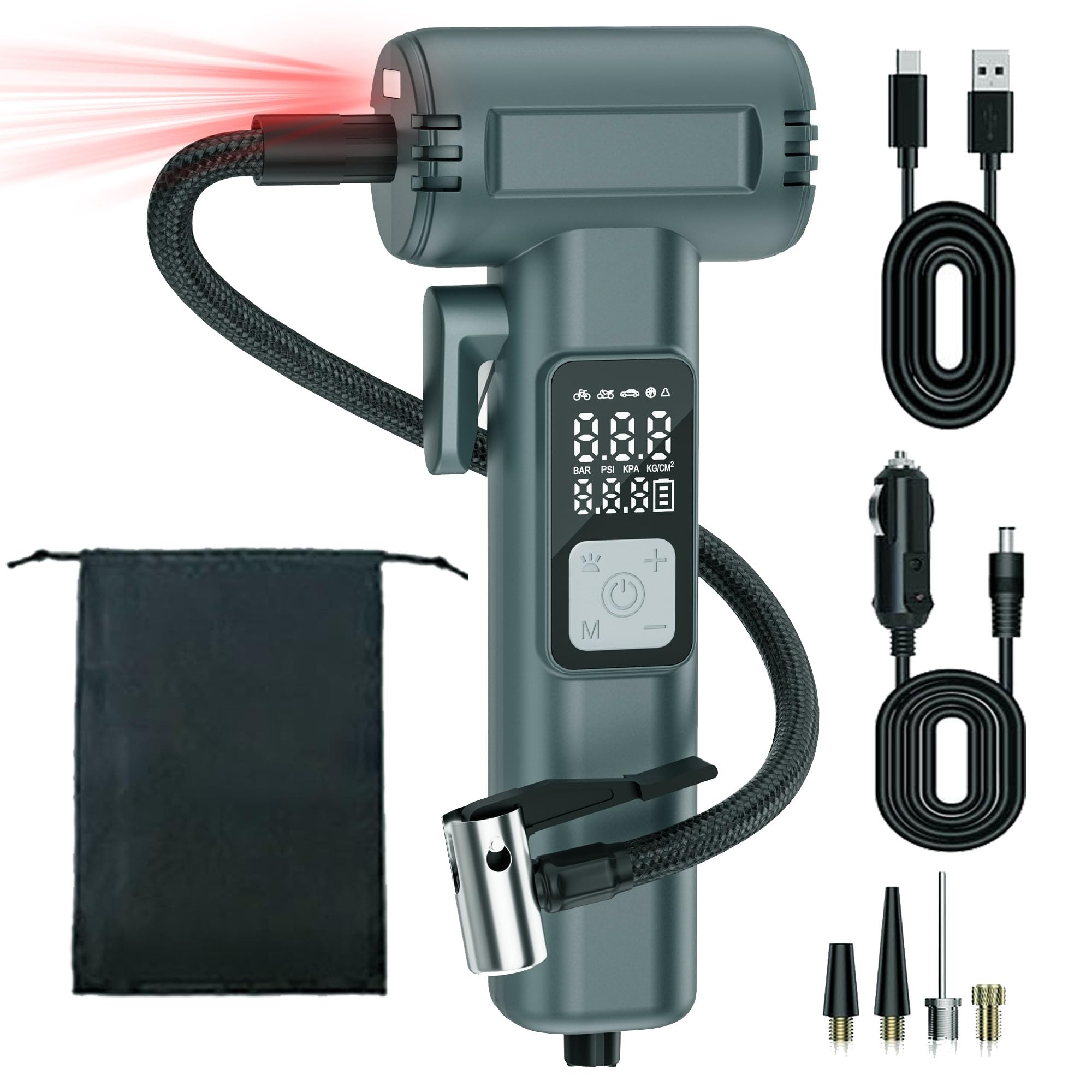 Elektrische Luftpumpe,COCCKO 150PSI Tragbare Akku Mini Kompressor, LCD-Display Elektrische Fahrradpumpe, LED-Licht, wiederaufladbar Reifenfüller 5 Modi,SOS-Notfall, für Auto Motorrad Fahrrad Ball