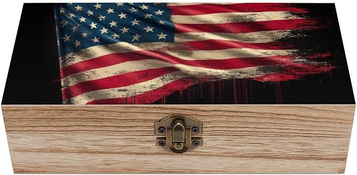 Wooden Storage Box with Hinged Lid, Decorative Wooden Box Jewellery Organizer American Flag Art Keepsake Box for Wedding, Birthday, Anniversary